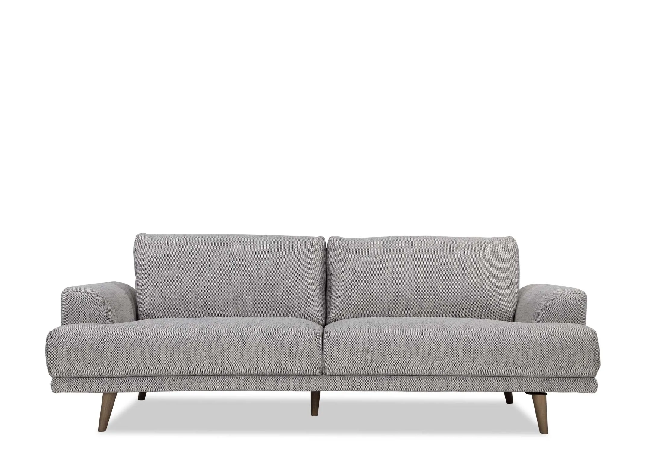 A view looking straight at the front of the Legend 3 seater sofa in grey fabric.