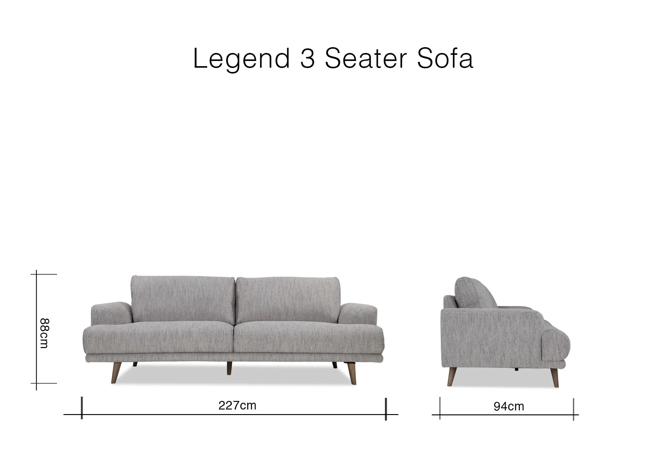 A dimension image for the Legend 3 seater sofa in grey fabric 88cm (Height) x 227cm (Width) x 94cm (Depth)