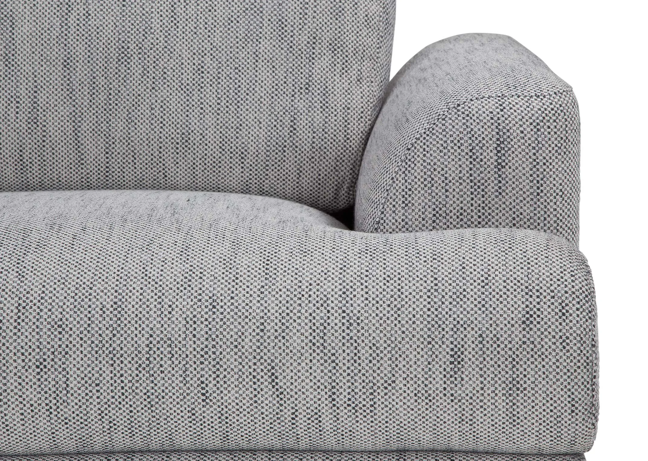 A close up of the upholstery on the armrest of the Legend 2 seater sofa in grey fabric.