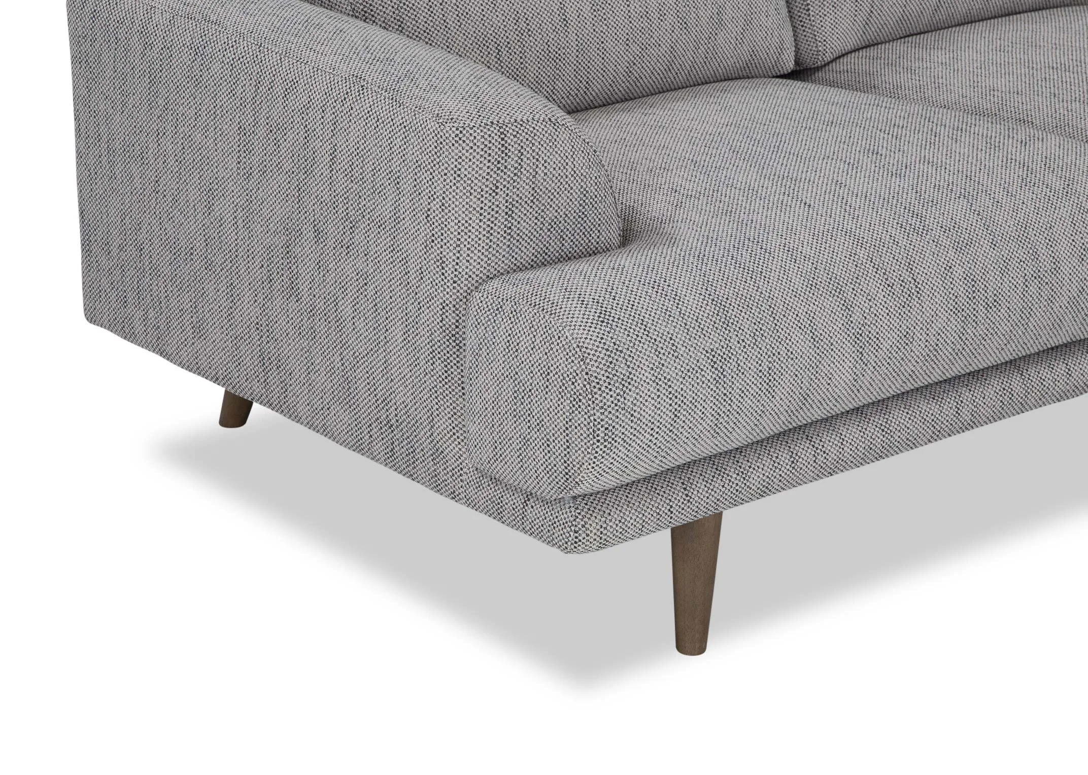 A view of the retrro style legs on the Legend 2 seater sofa in grey fabric.