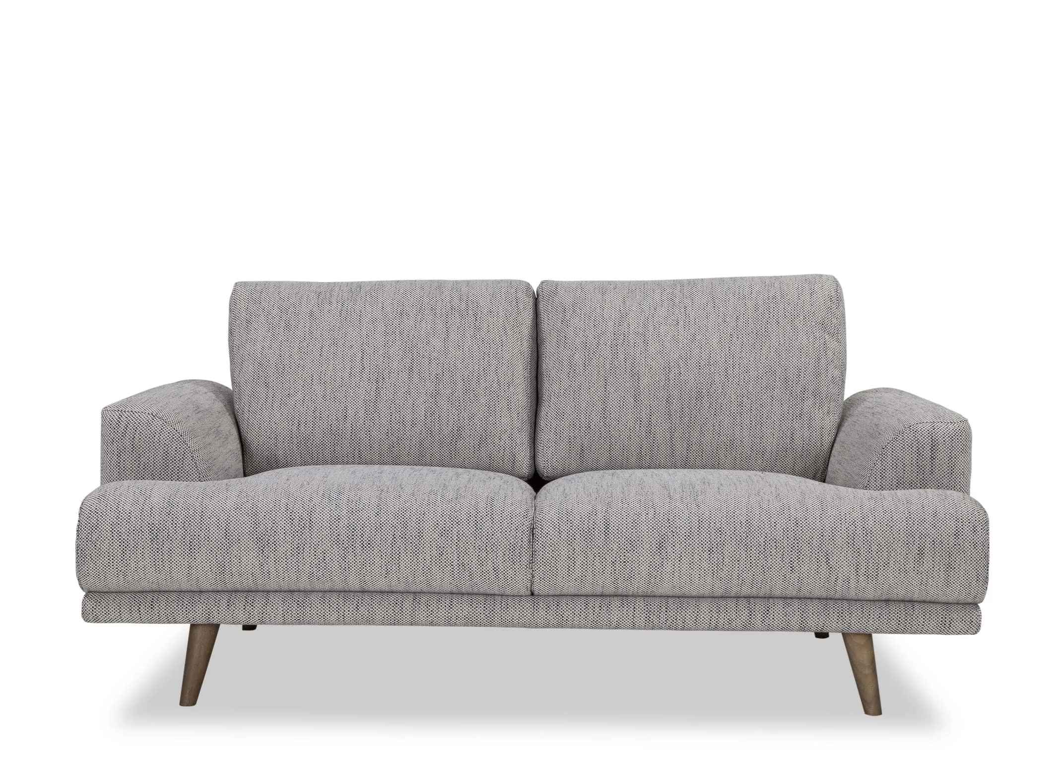 A view from the front looking at the Legend 2 seater sofa in grey fabric.