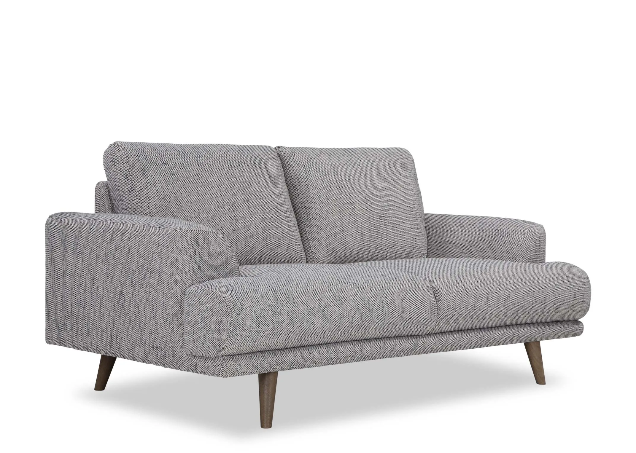 An angled shot looking from left to right at the Legend 2 seater sofa in grey fabric.