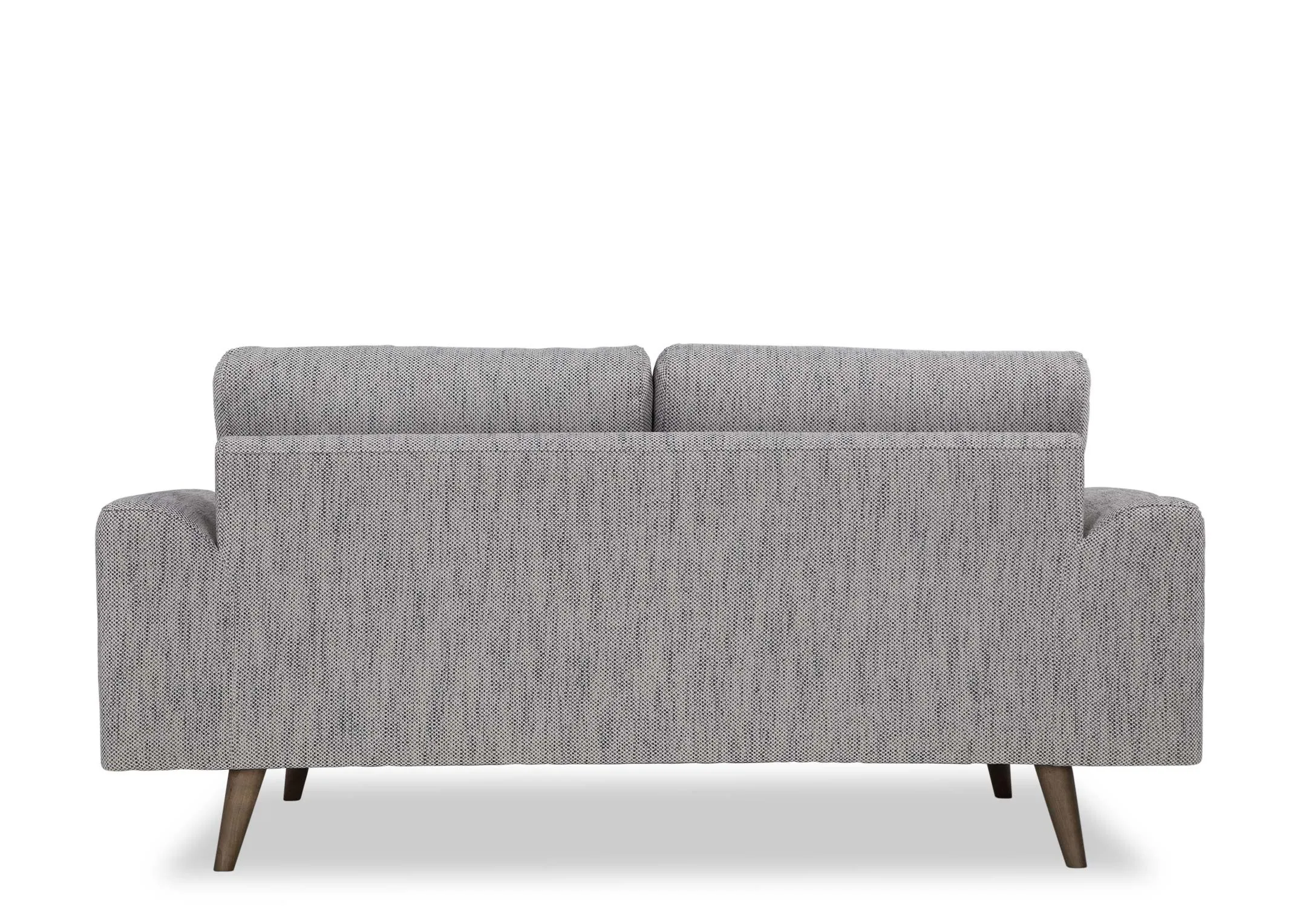 A view from behind looking at the back of the Legend 2 seater sofa in grey fabric.