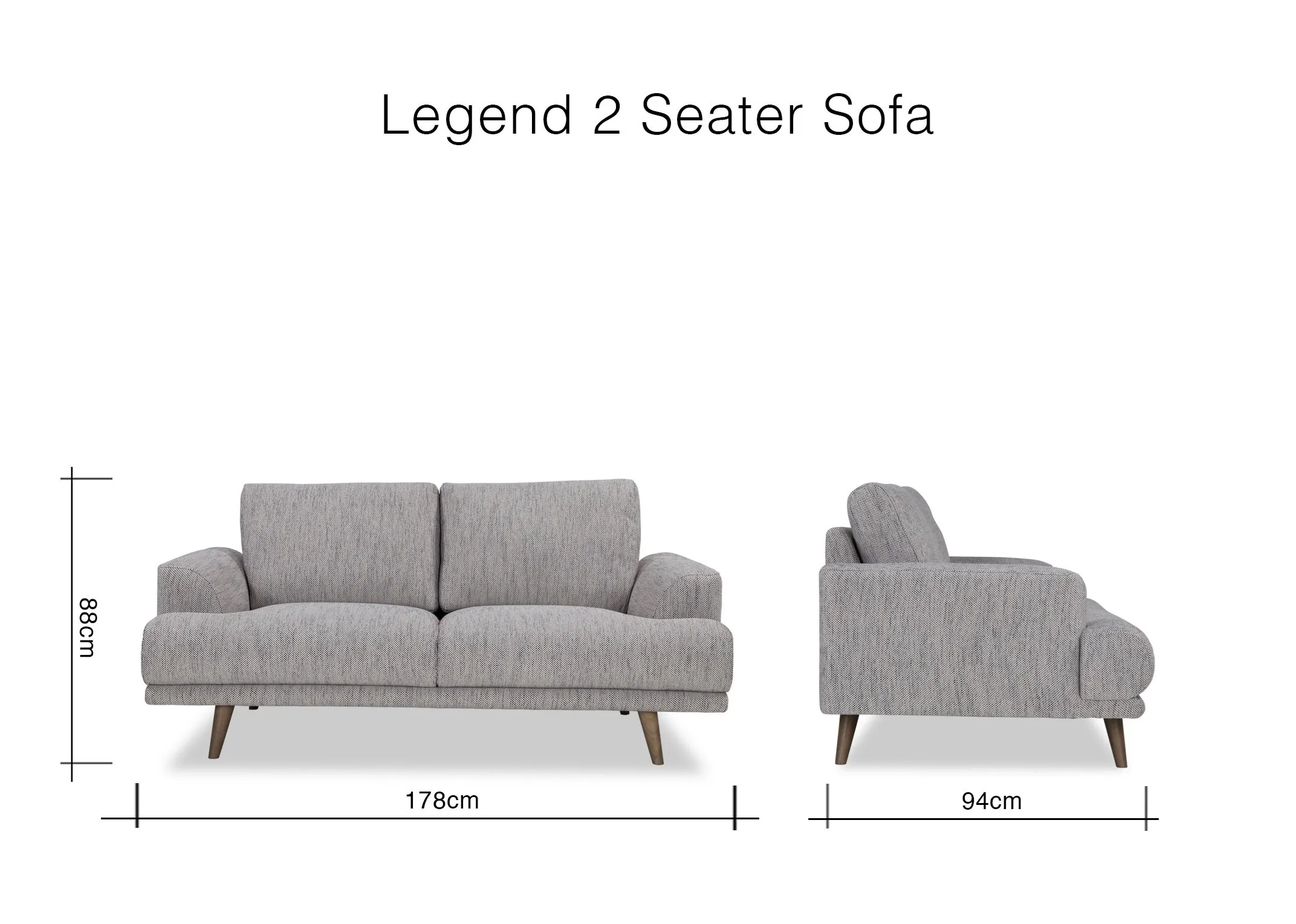 A dimension image for the Legend 2 seater sofa in grey fabric 88cm (Height) x 178m (Width) x 94cm (Depth)