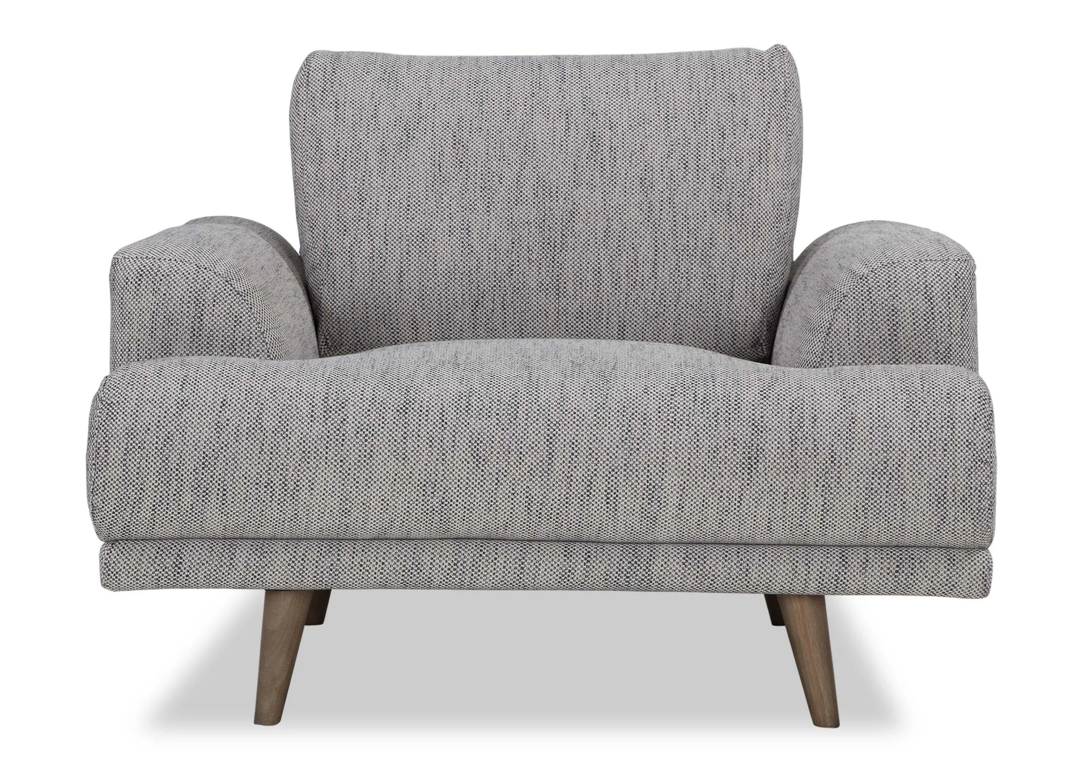 A view looking at the front of the Legend armchair in grey fabric.