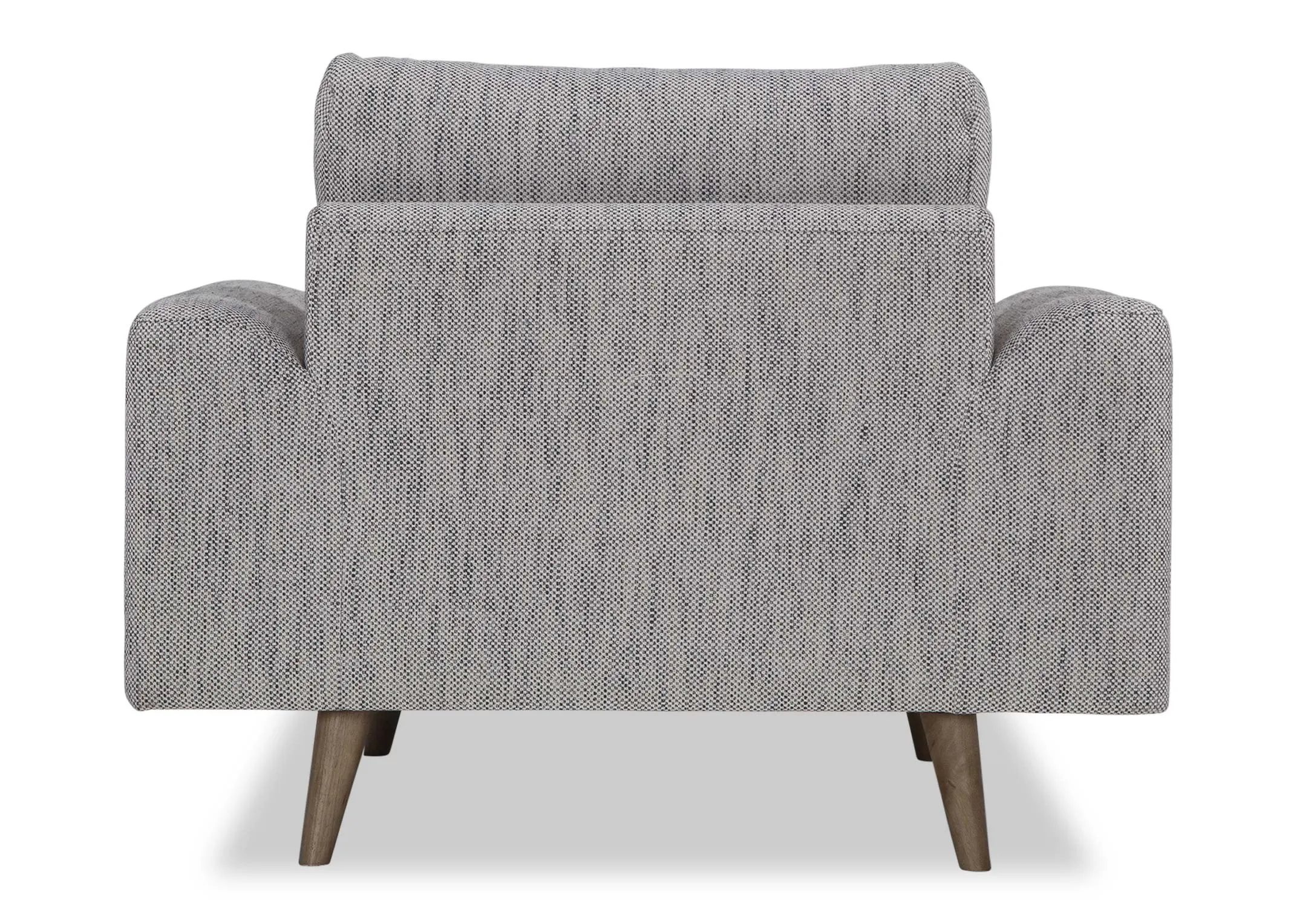 A view from behind looking at the back of the Legend armchair in grey fabric.