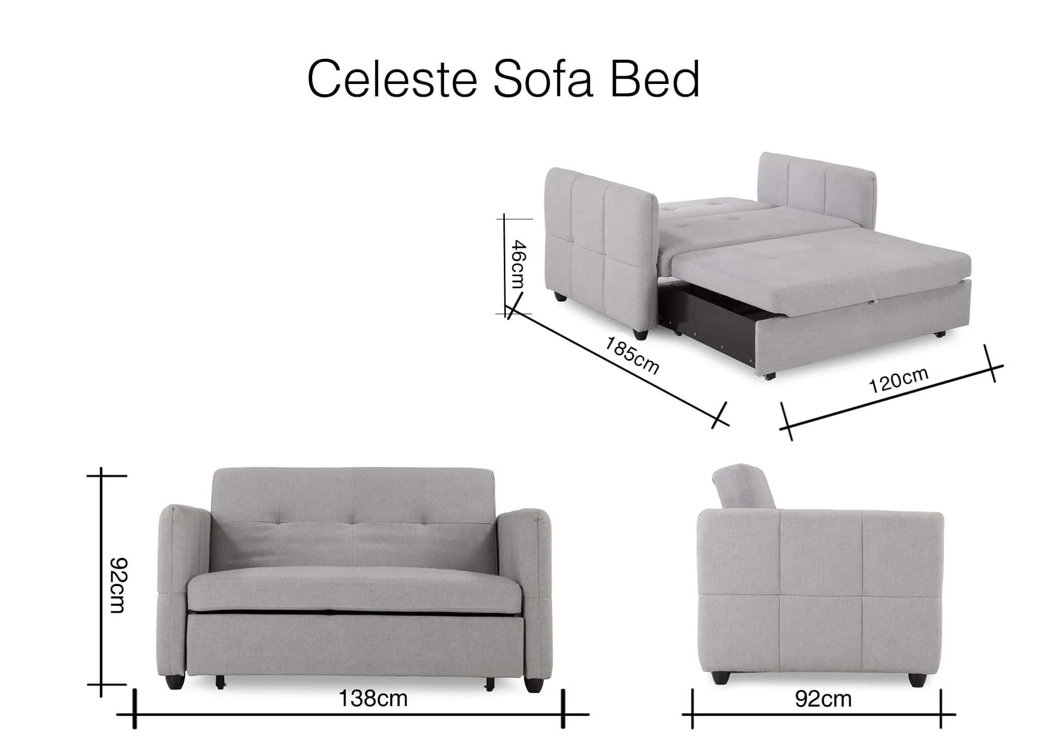 A dimension image of the Celeste 3 seater sofabed 92cm /46cm (Height) x 138cm / 120cm (Width) x 92cm / 185cm (Depth)