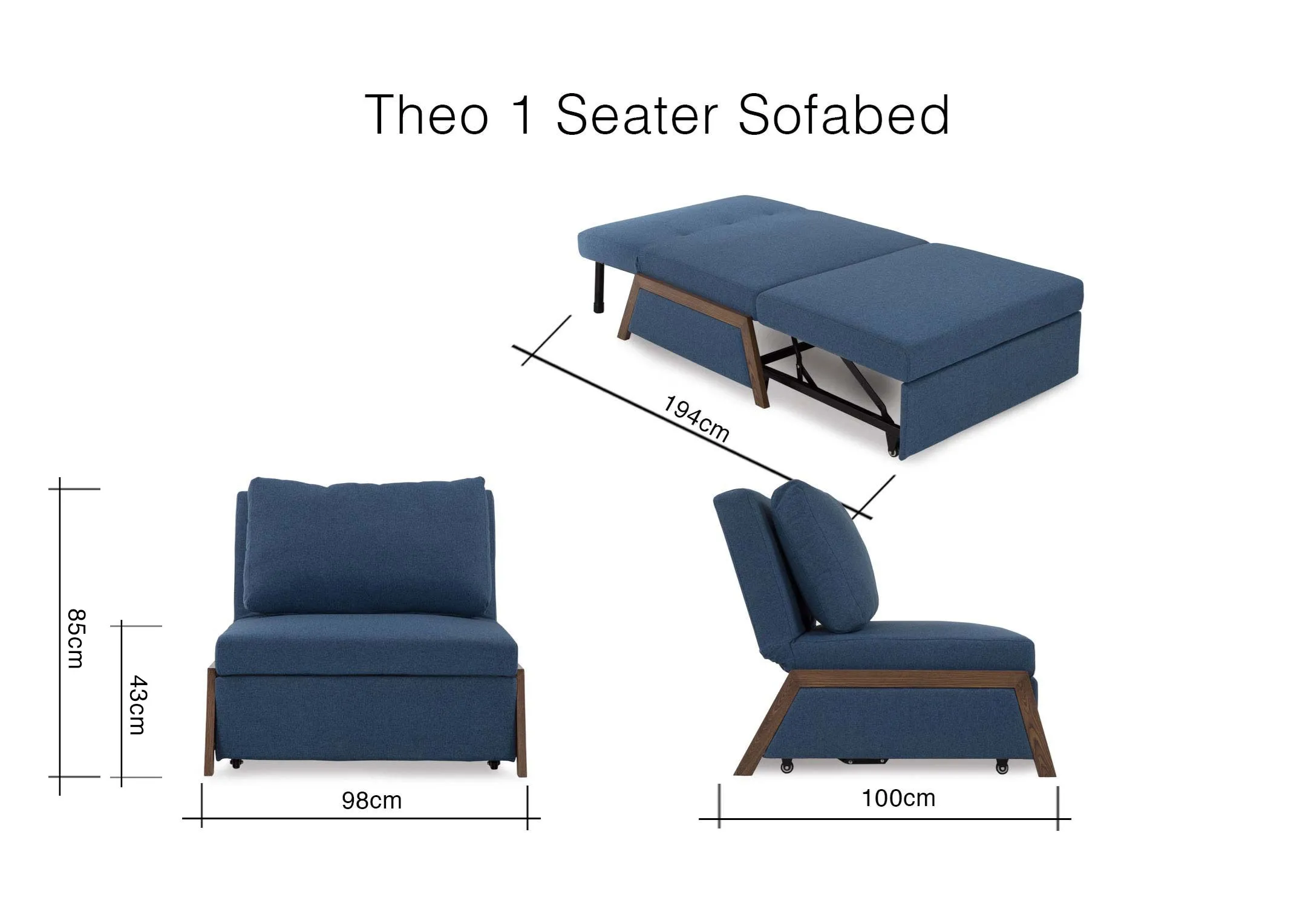 A dimension image of the Theo 1 seater sofabed 194cm (Length) x 98cm (Width) x 100cm (Depth) x 85cm / 43cm (Height)