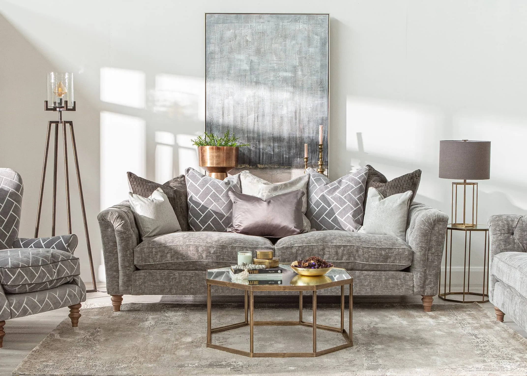 A lifestyle image of the Lottie Sofa range with octagon table & Kylo rug.