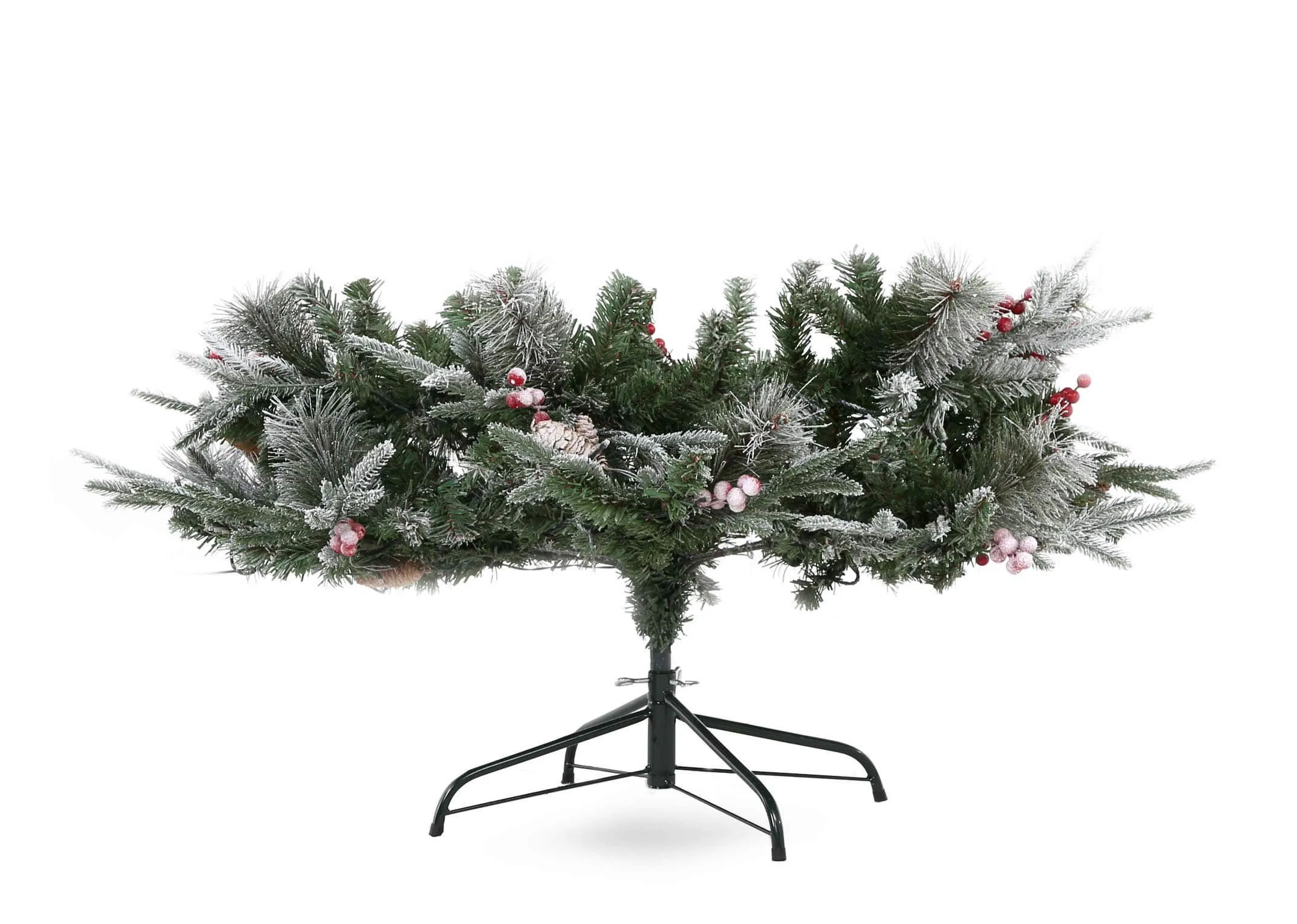 A 7ft prelit Christmas tree with snow branches from EZ Living Furniture's Vermont range. Front view of base build