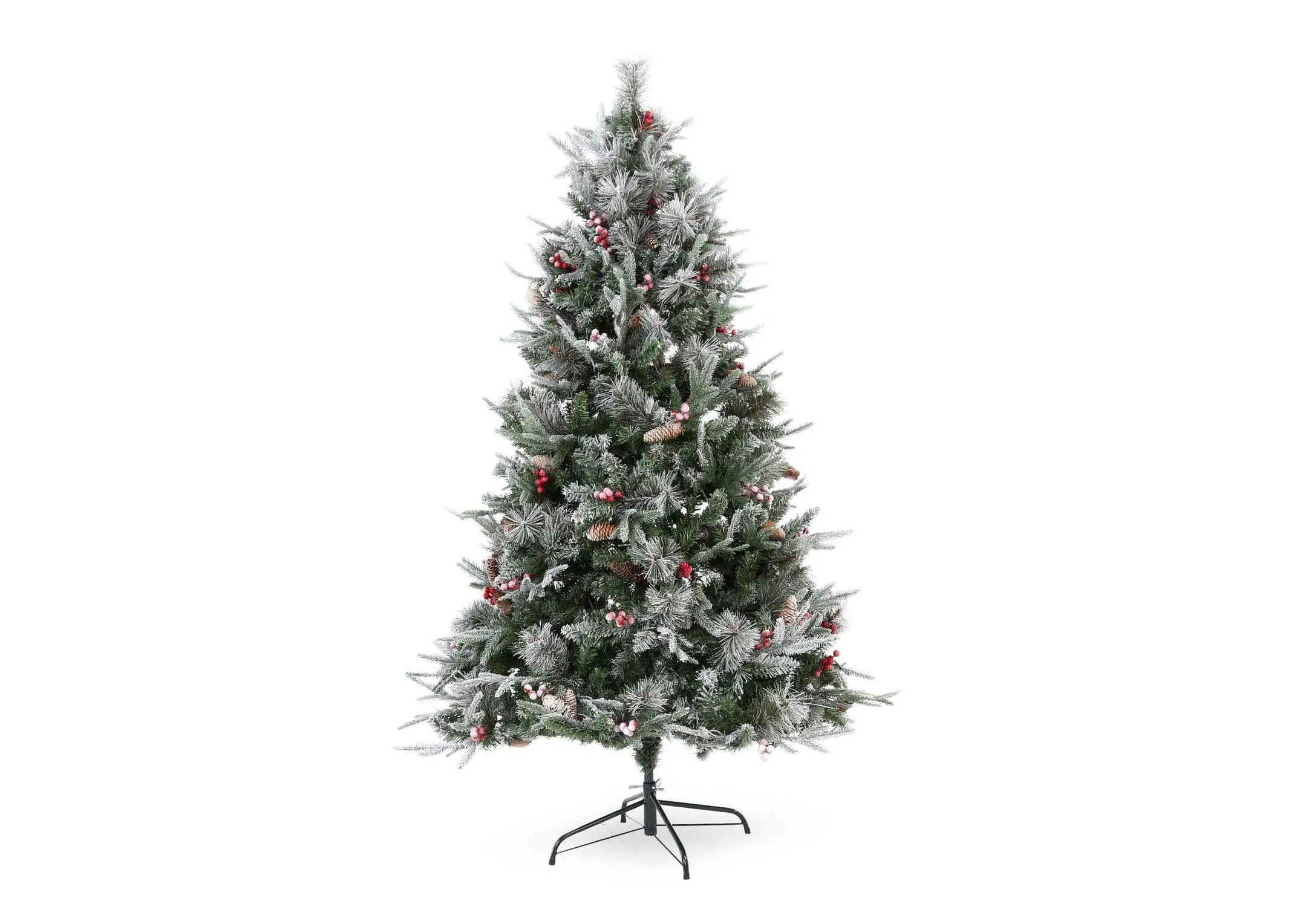 An 8ft pre lit Christmas tree with snow branches from EZ Living Furnitures Vermont range. Front view of snow branches