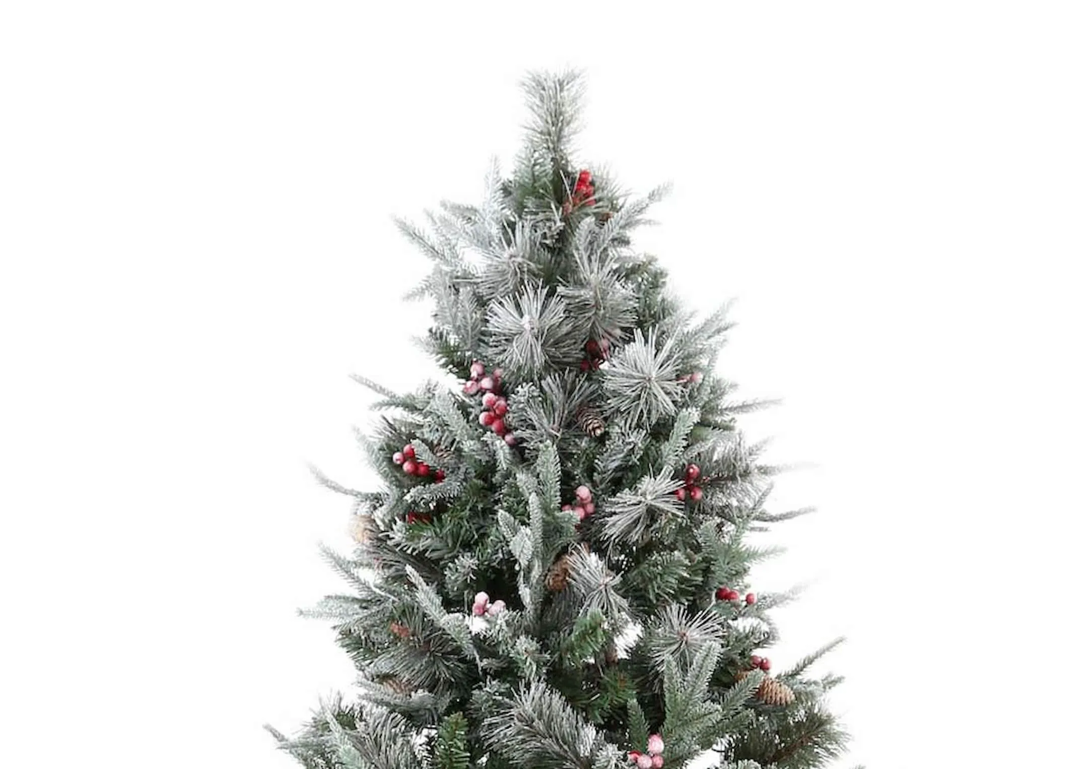 An 8ft pre lit Christmas tree with snow branches from EZ Living Furnitures Vermont range. View of trees snowy crown