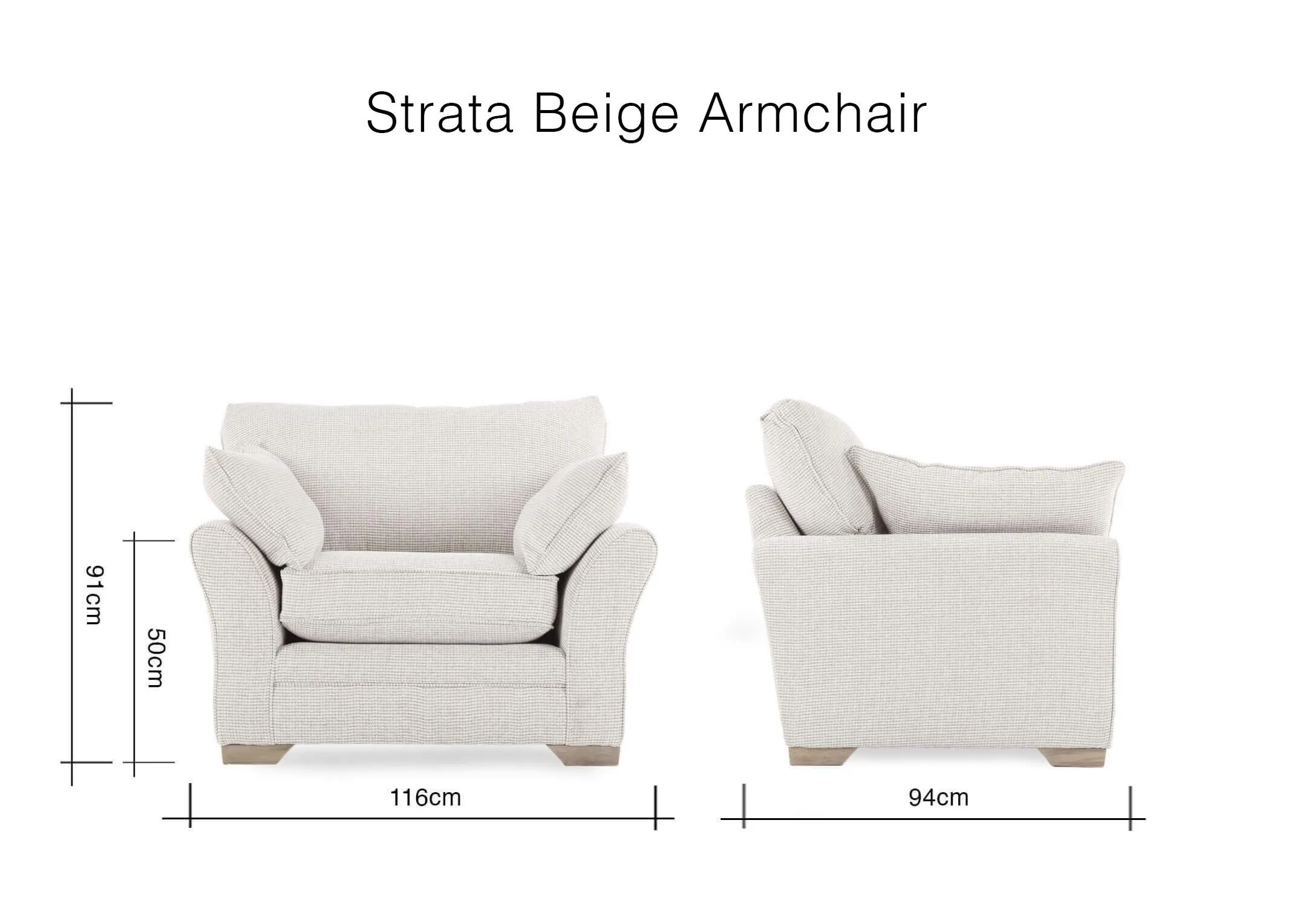 A dimension image of the Sader Beige Fabric Accent Armchair with 116cm (Width) x 91cm (Height) x 94cm (Depth)
