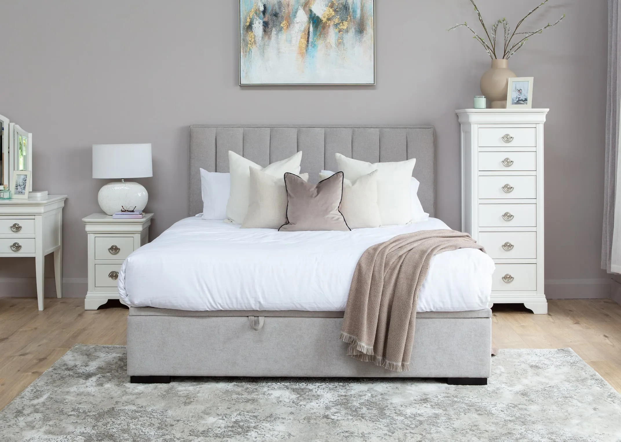 A lifestyle image of the Liberty Grey ottoman with Chantilly locker & tallboy