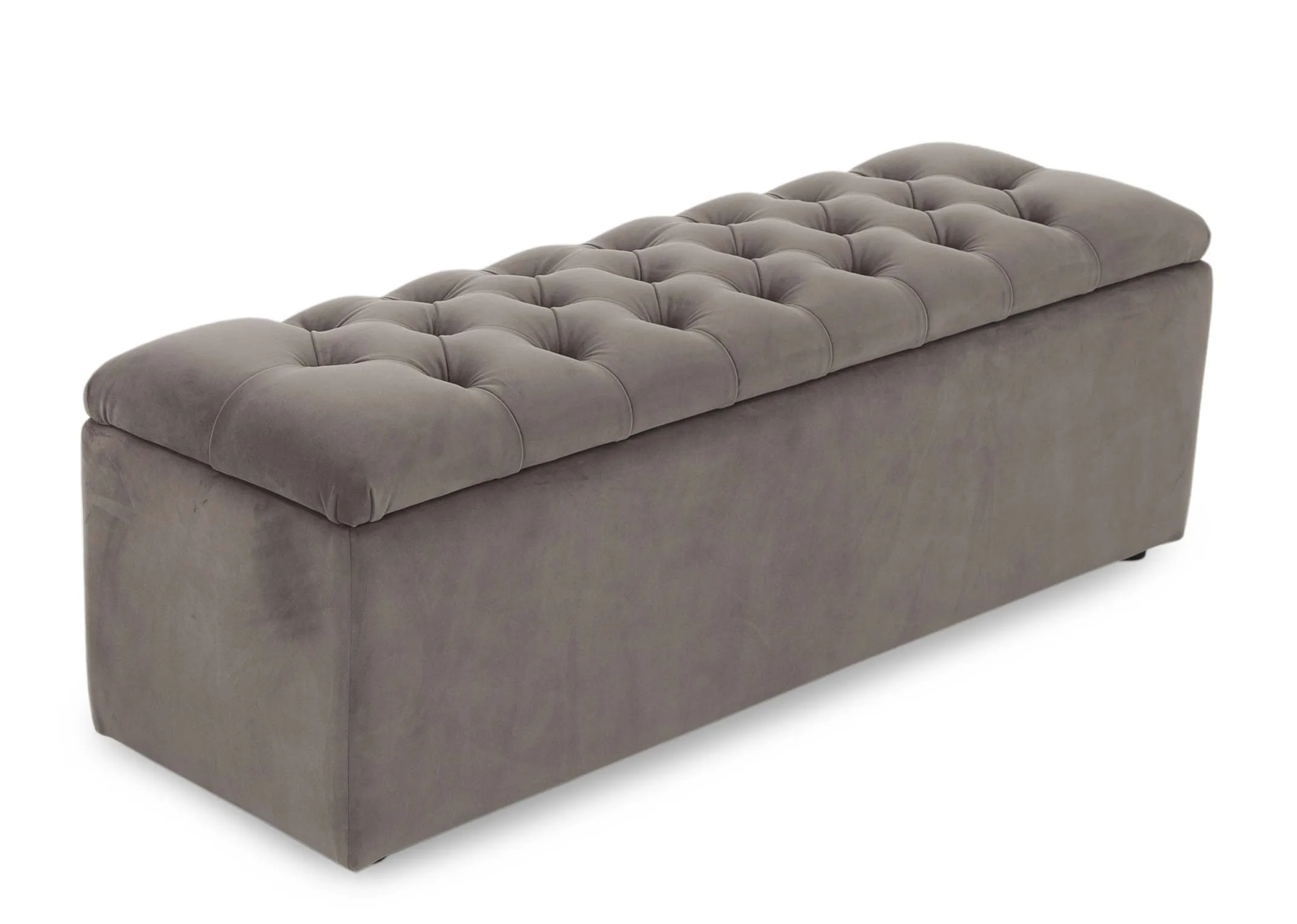 A taupe velvet blanket box with button detail lid/seat from EZ Living Furniture's Majestic range. Angled view as seat.