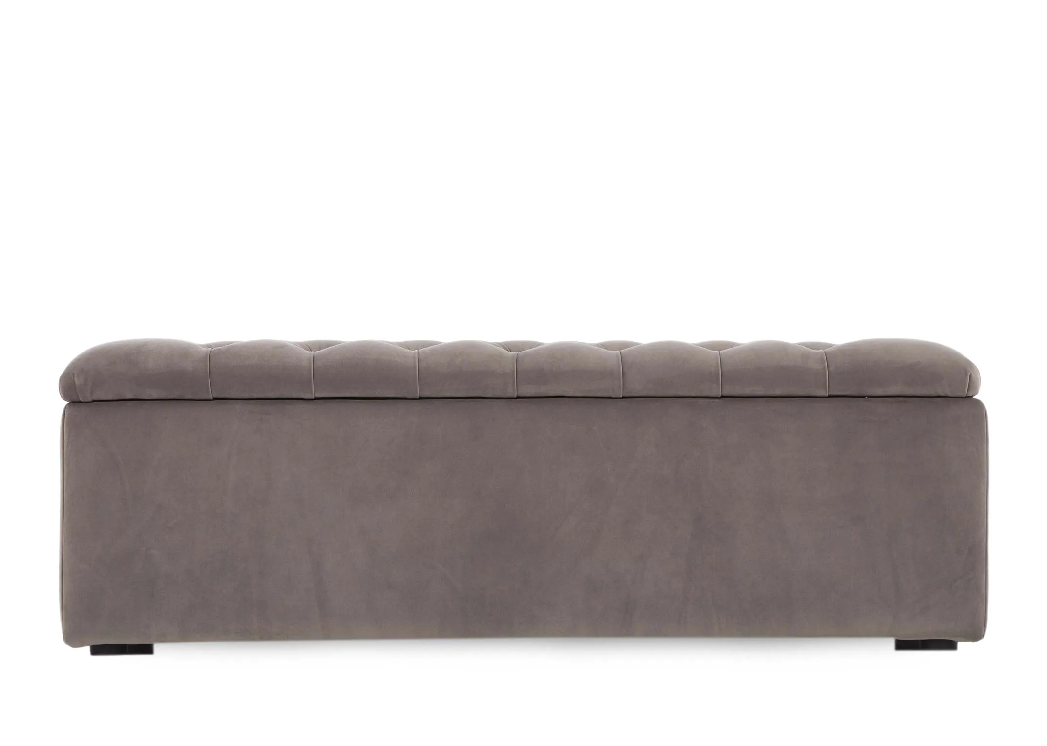 A taupe velvet blanket box with button detail lid/seat from EZ Living Furniture's Majestic range. Front view shows length