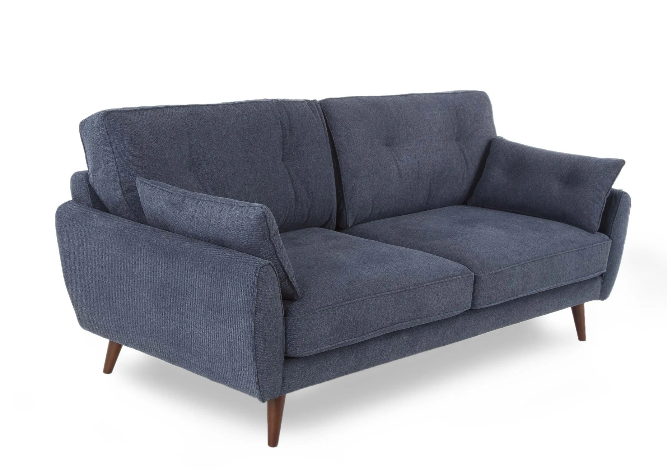 Caoimhe 2 Seater Navy Fabric Sofa in a power image showing navy blue fabric and dark wooden legs