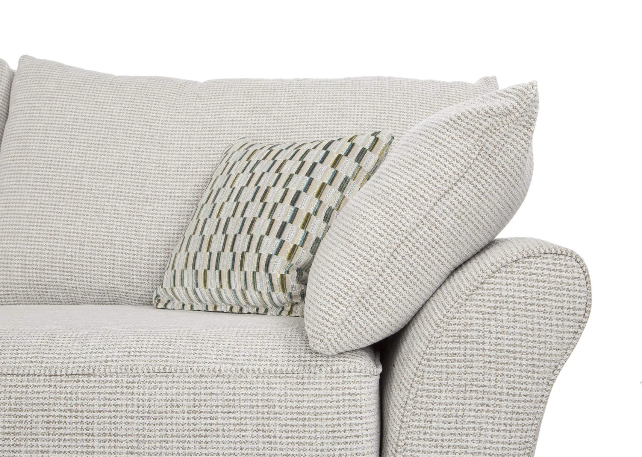Sadler Beige Fabric Accent Right Arm Corner Chaise in a closeup image of the armrest and pattern cushions