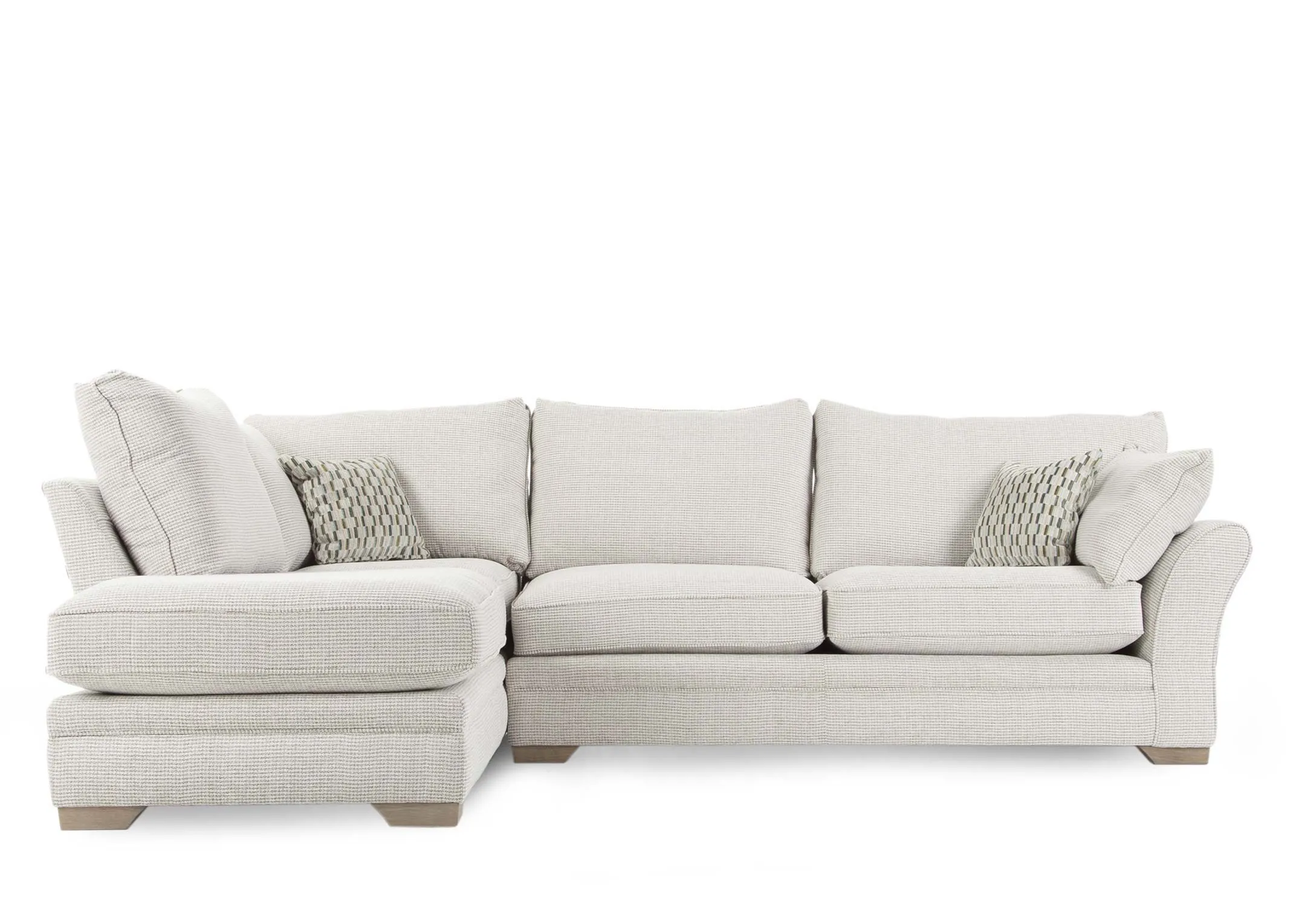 Sadler Beige Fabric Accent Right Arm Corner Chaise in an image taken from the front showing scatter cushions