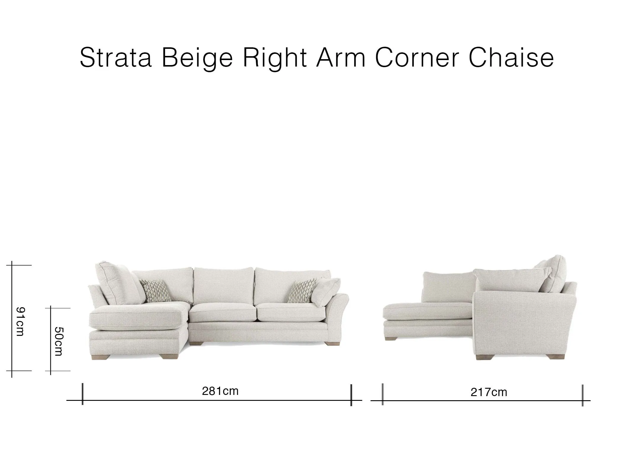 A dimension image of the Sadler Beige Right Arm Corner Chaise with 281cm(Width) x 91cm (Height) x 217cm (Depth)