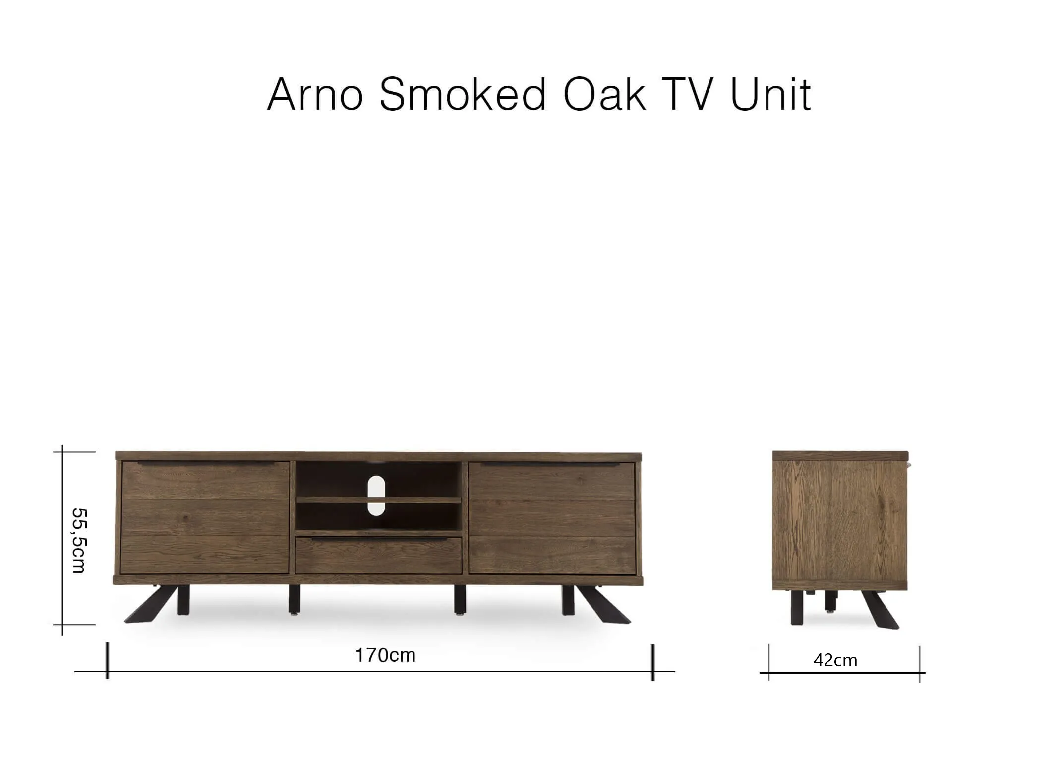 A dimension image of the Arno Smoked Oak TV Unit with 170cm (Width) x 42cm (Depth) x 55.5cm (Height)