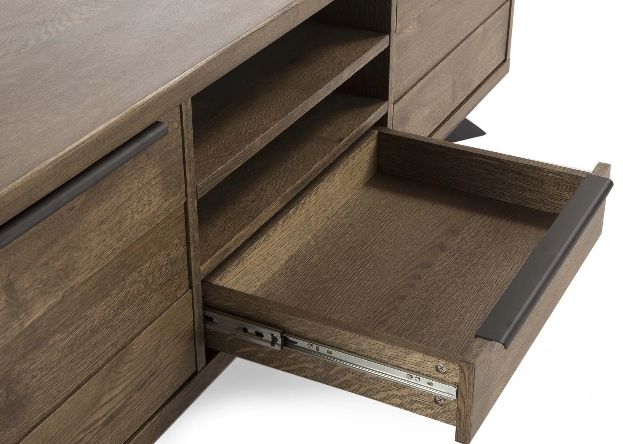 Smoked Oak TV Unit from EZ Living Furniture's Arno range. Closeup drawer open.