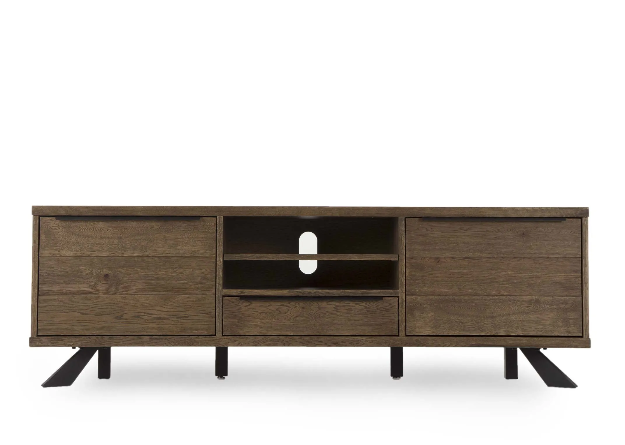 Smoked Oak TV Unit from EZ Living Furniture's Arno range. Front view showing 2 doors and 2 of 6 shelves