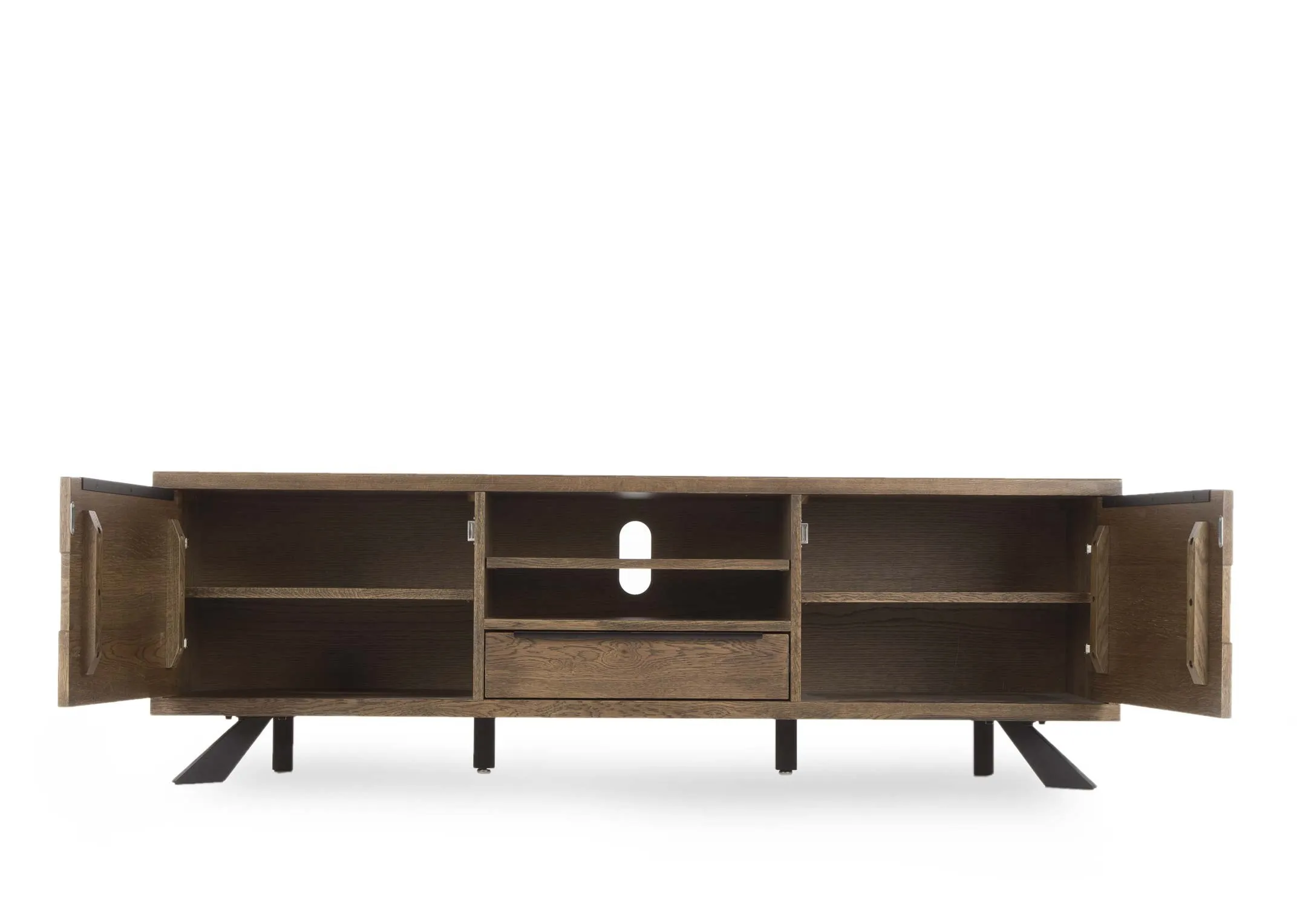 Smoked Oak TV Unit from EZ Living Furniture's Arno range. Front view showing 2 doors and 6 shelves.