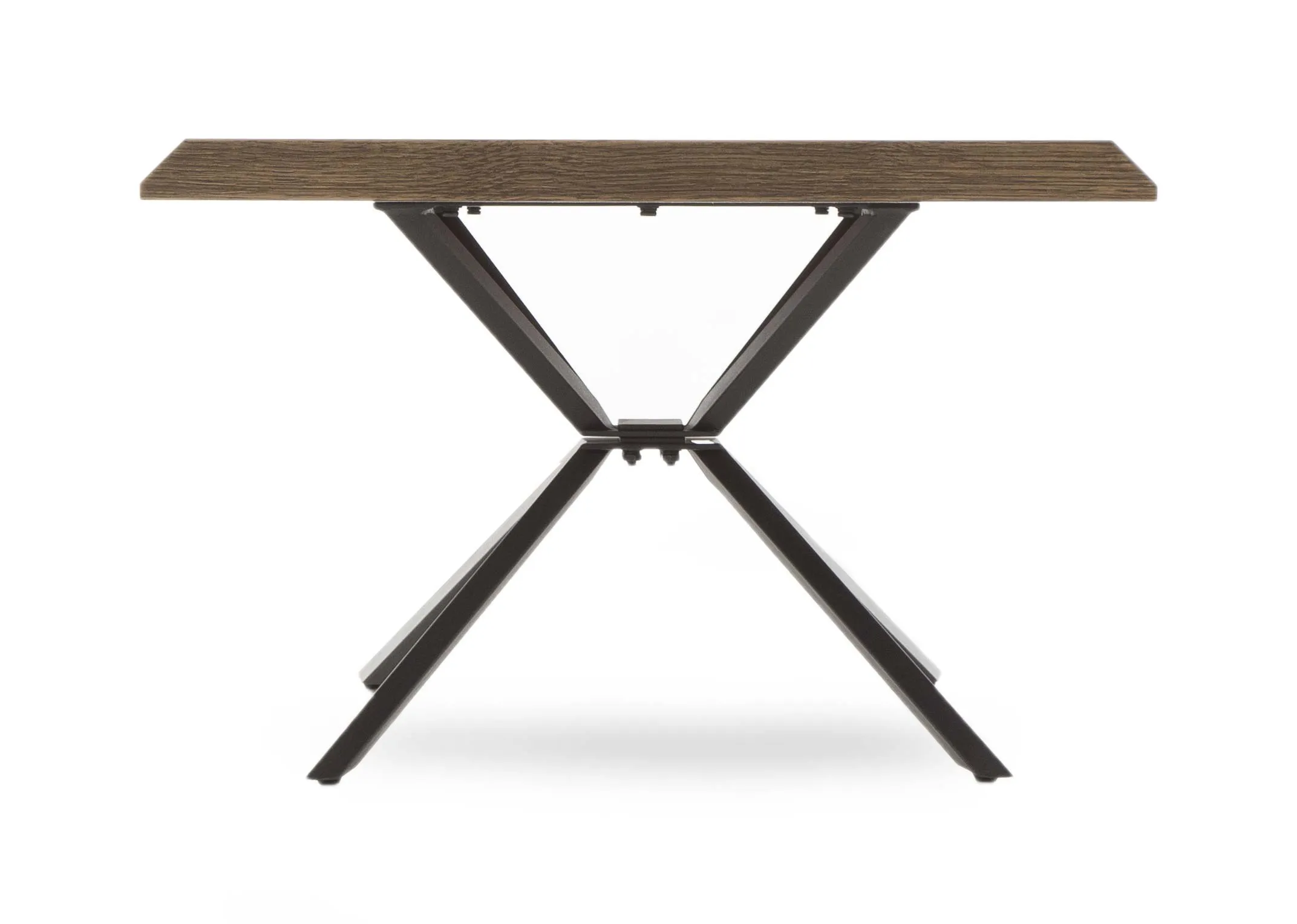 A smoked oak coffee table with black metal legs from EZ Living Furniture's Arno range. Closeup view of edge.