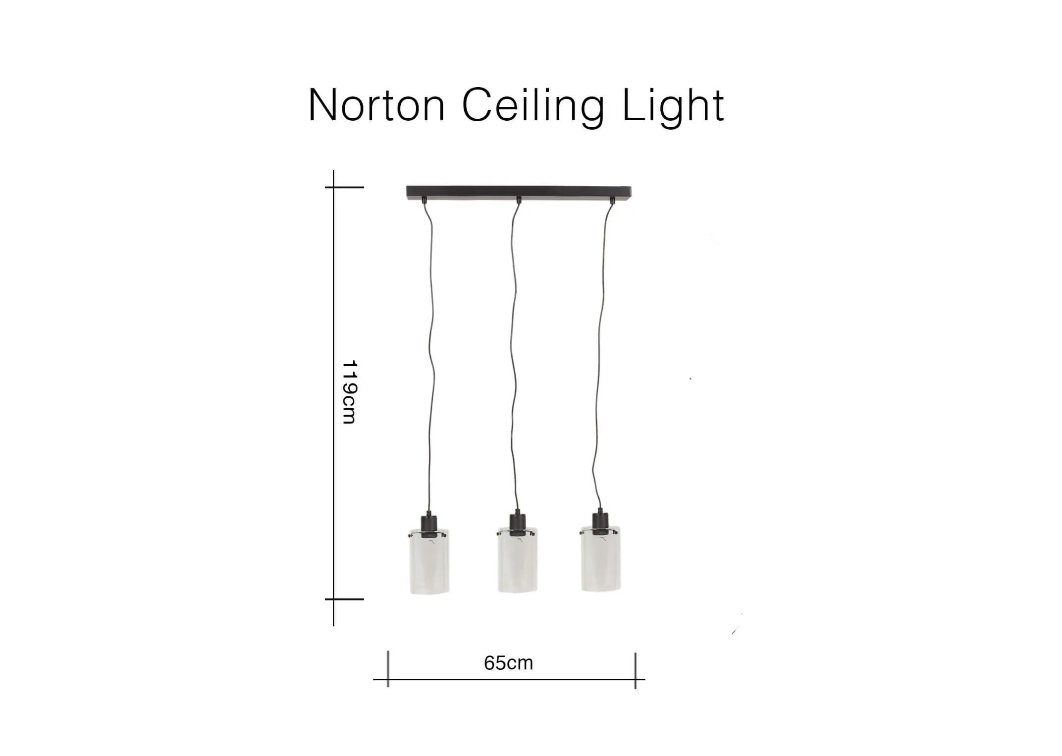 A dimension image for the Norton Black Hanging Ceiling light with 65cm (Width) x 119cm (Height)