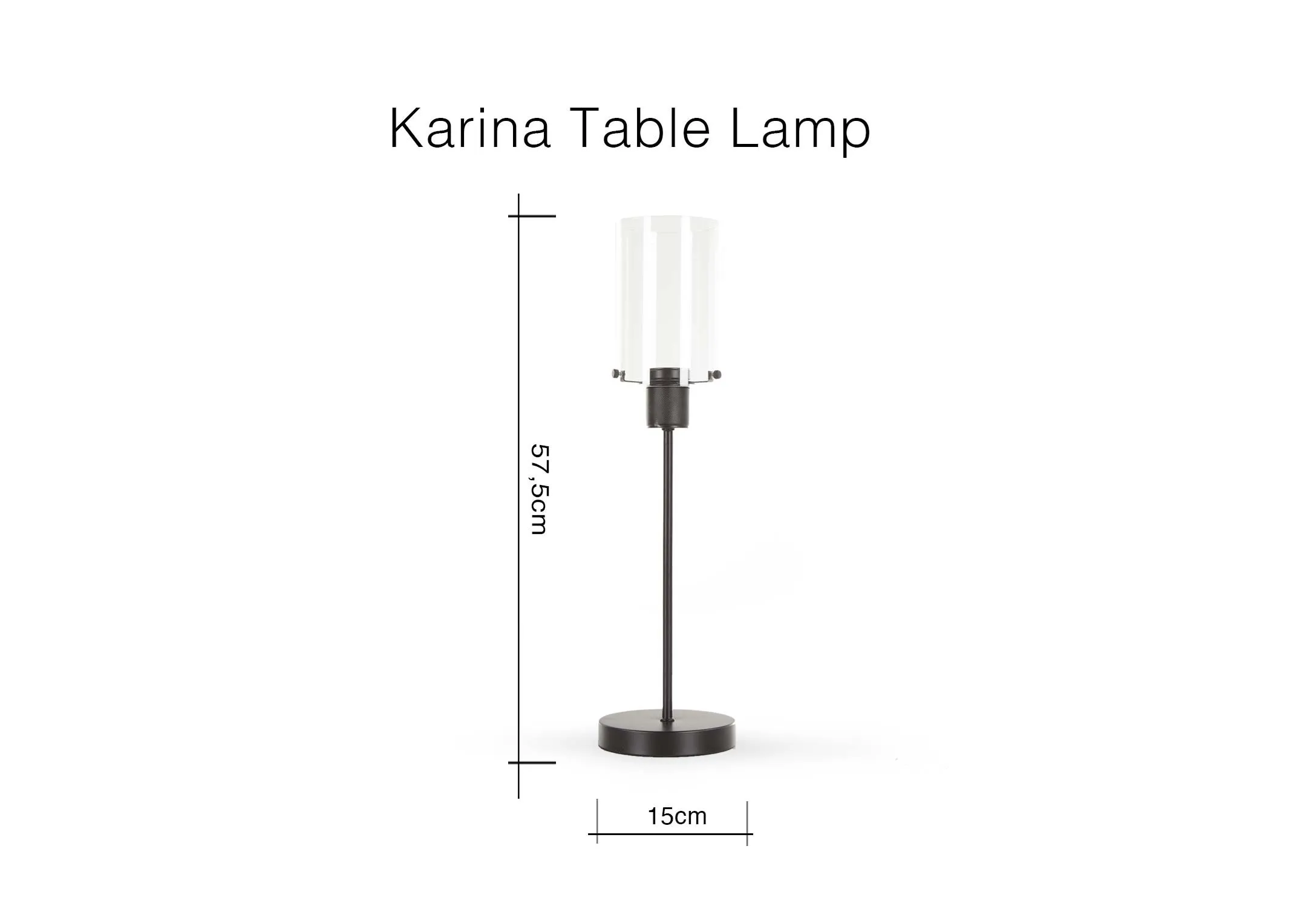 A dimension image of the Karina Black Table lamp with 15cm (Width) x 57.5cm (Height)