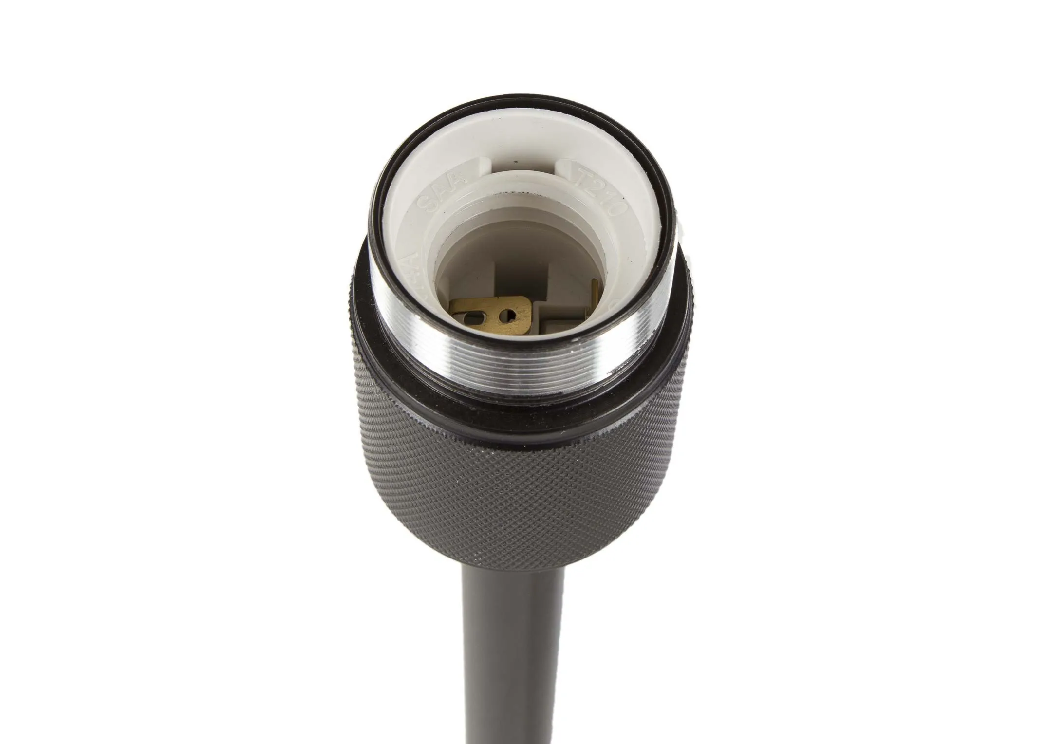 A black floor lamp with clear glass shade from EZ Living Furniture's Leanne Range. Closeup view of base.