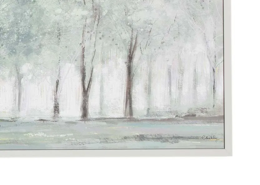 A forest captured in soft pastel with silver framed print from Charlotte Oakley. Closeup view