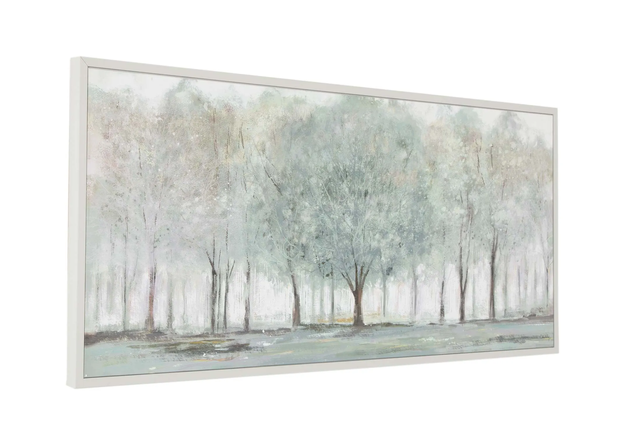 A forest captured in soft pastel with silver framed print from Charlotte Oakley. Angled view