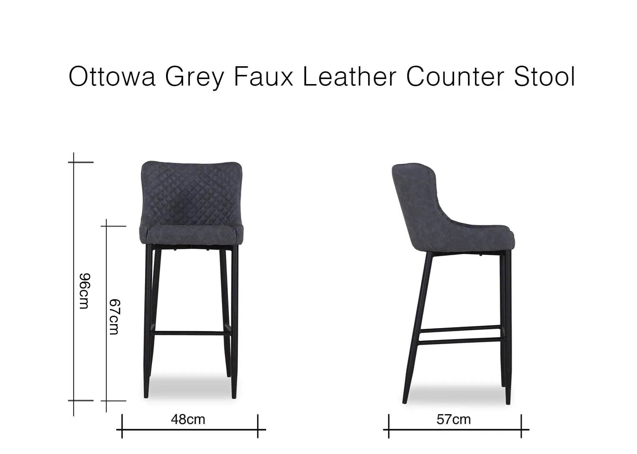 A dimension image of the Ottowa Vintage Grey Counter Bar Stool with 48cm (Width) x 96cm (Height) x 57cm (Depth)