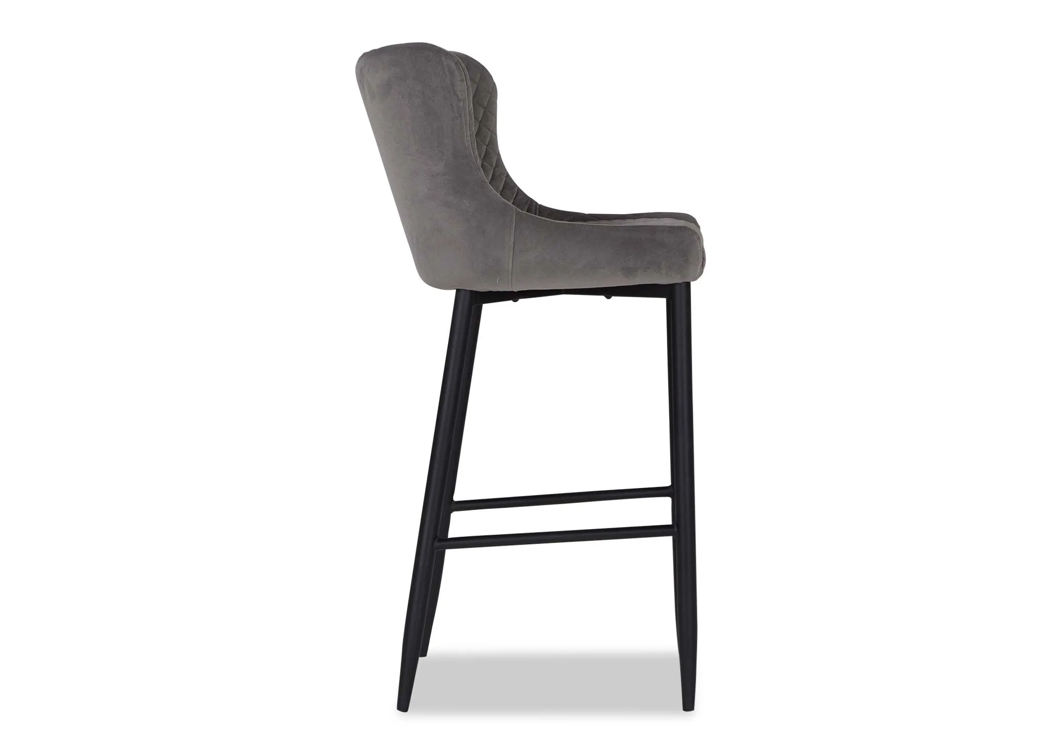 Light grey plush velvet counter barstool with black metal legs from EZ Living Furniture's Ottowa range. Side View