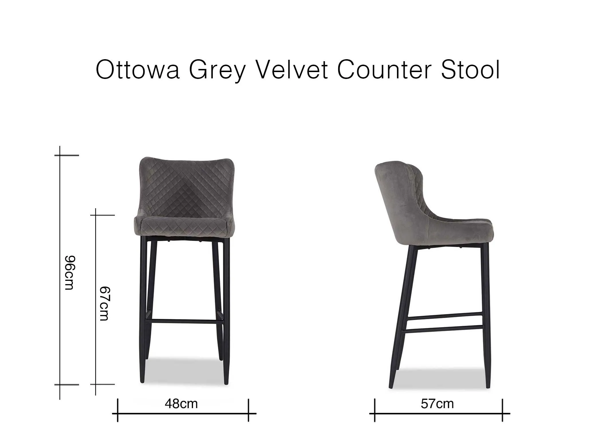 A dimension image of the Ottowa Light Grey Counter Barstool with 48cm (Width) x 96cm (Height) x 57cm (Depth)