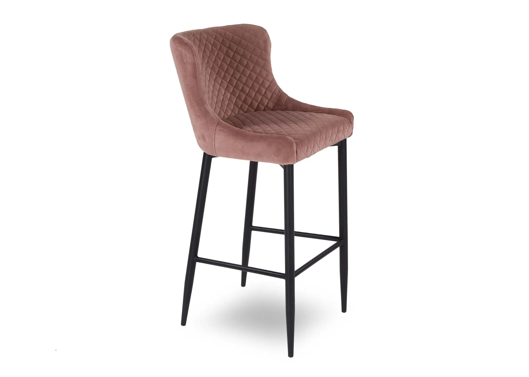 Pink plush velvet counter bar stool with black metal legs from EZ Living Furniture's Ottowa range. Angle view.