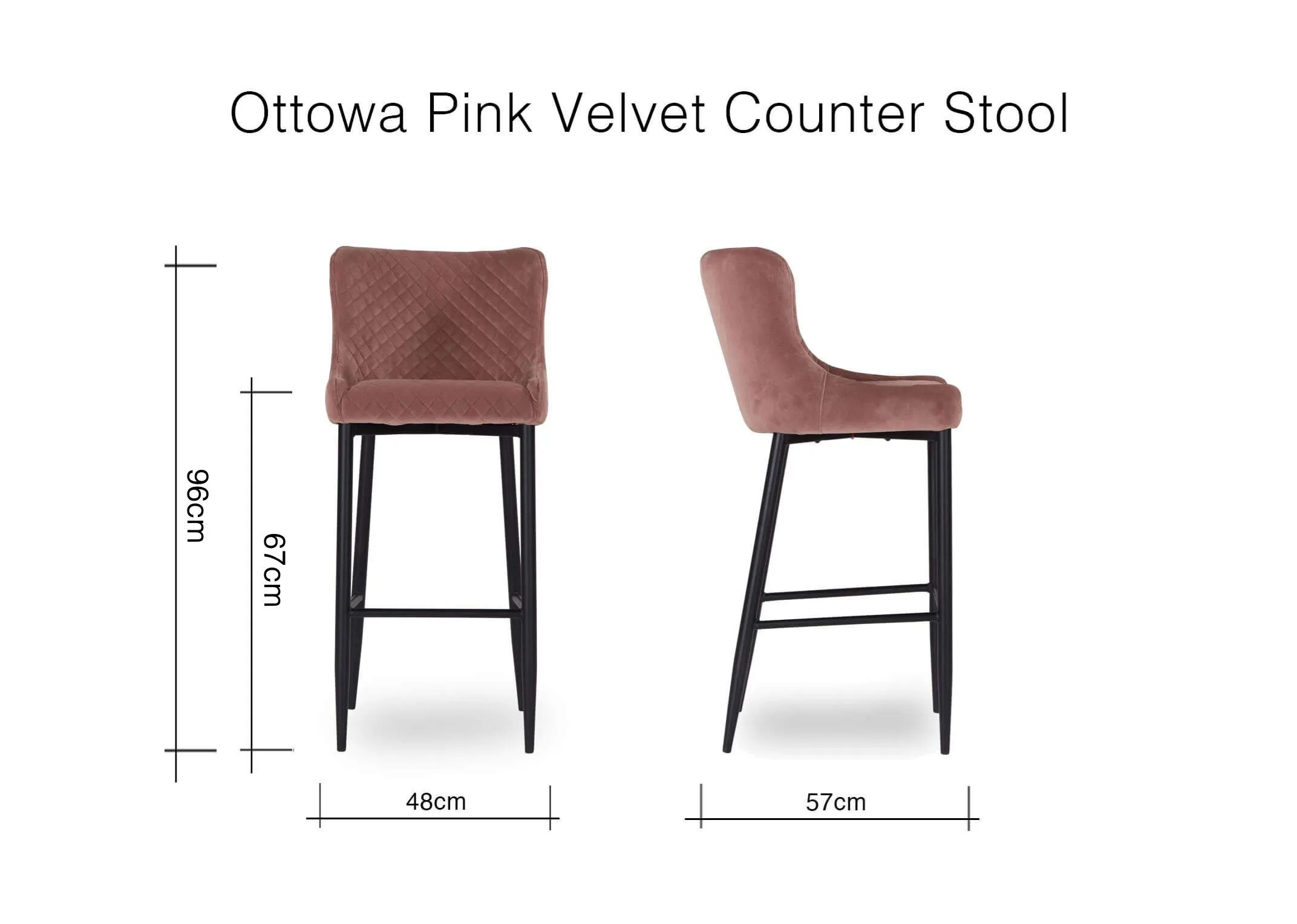 A dimension image of the Ottowa Pink Velvet Counter Bar stool with 48cm (Width) x 96cm (Height) x 57cm (Depth)
