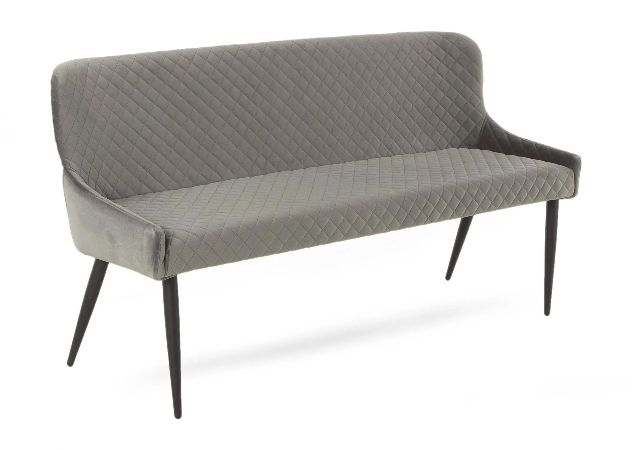 A dining bench with a back in grey velvet with black legs from ez living furniture's ottowa range. Angled view.