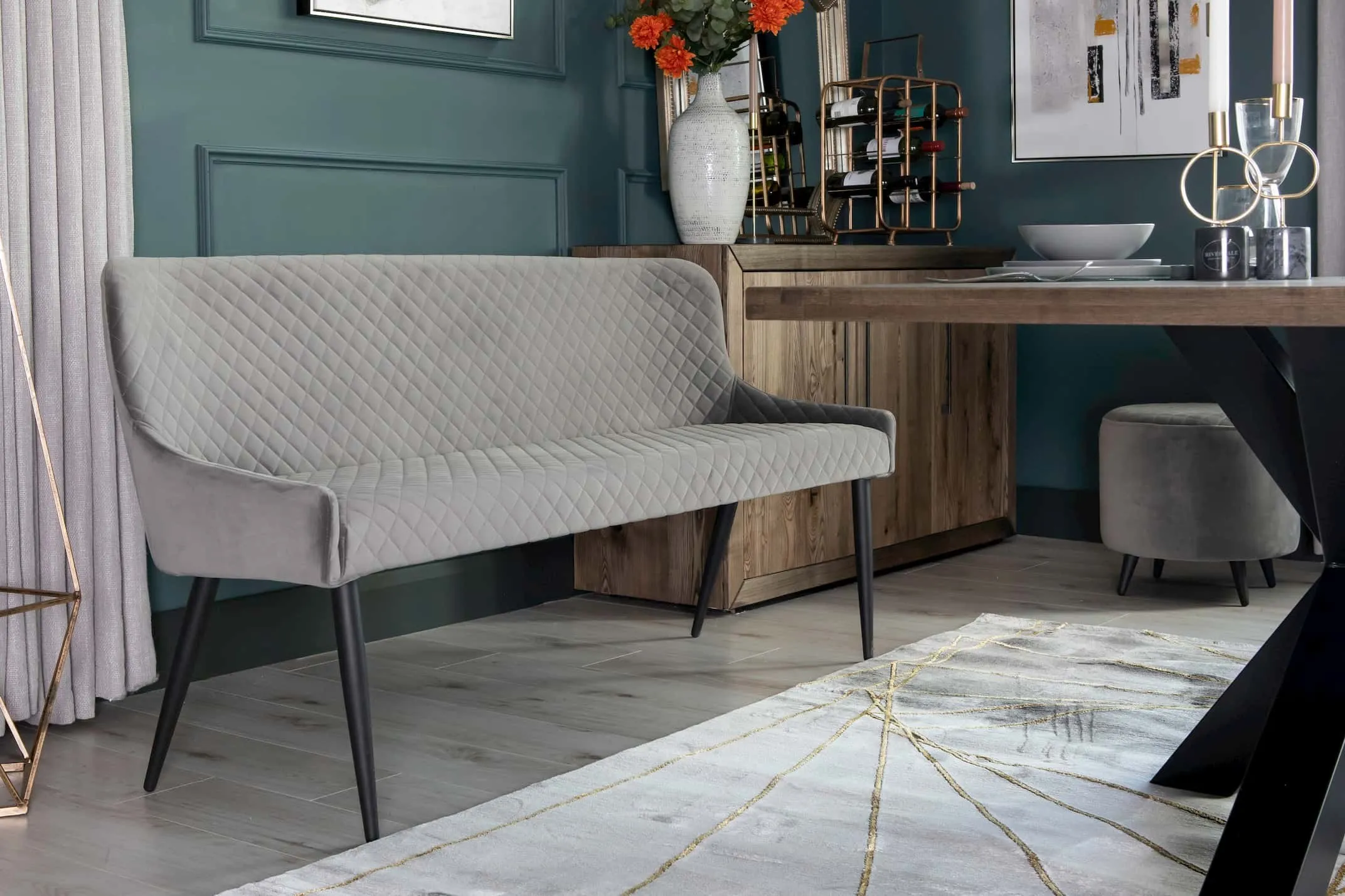 A lifestyle image of the Grey Velvet Ottowa Dining Bench with Smoked Forest furniture.