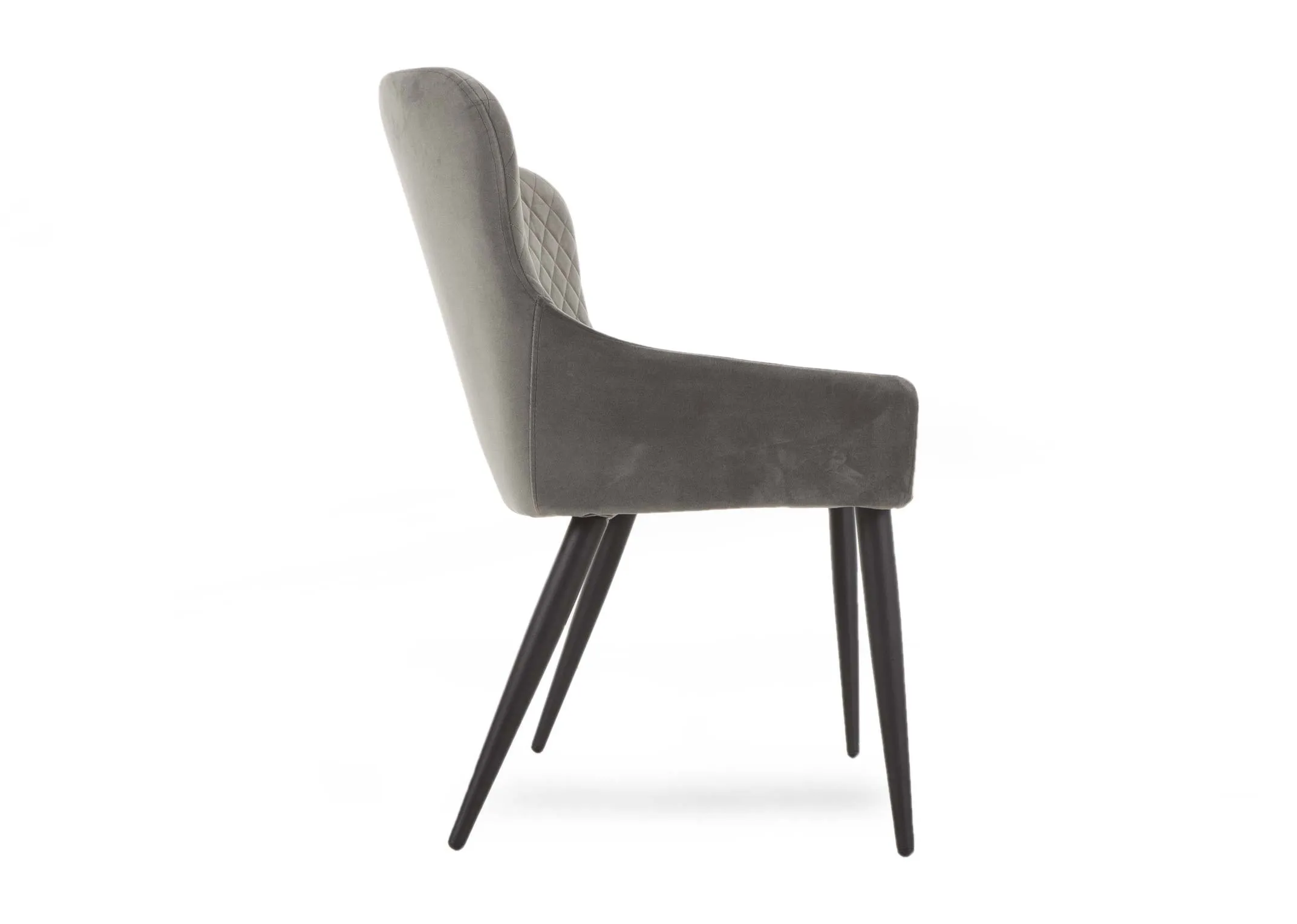 A dining bench with a back in grey velvet with black legs from ez living furniture's ottowa range. Side view
