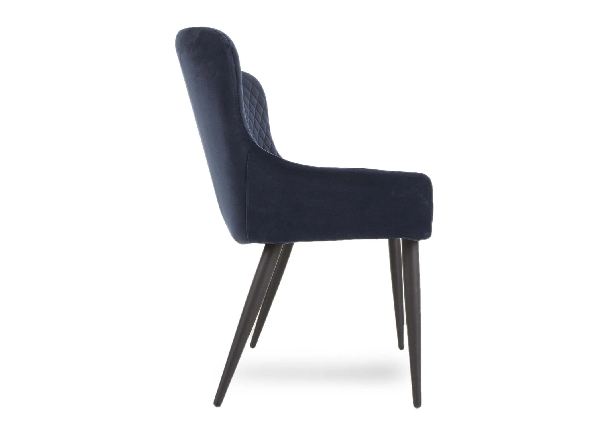 A dining bench with back in blue velvet & black legs from ez living furniture's Ottowa range. Side view showing depth