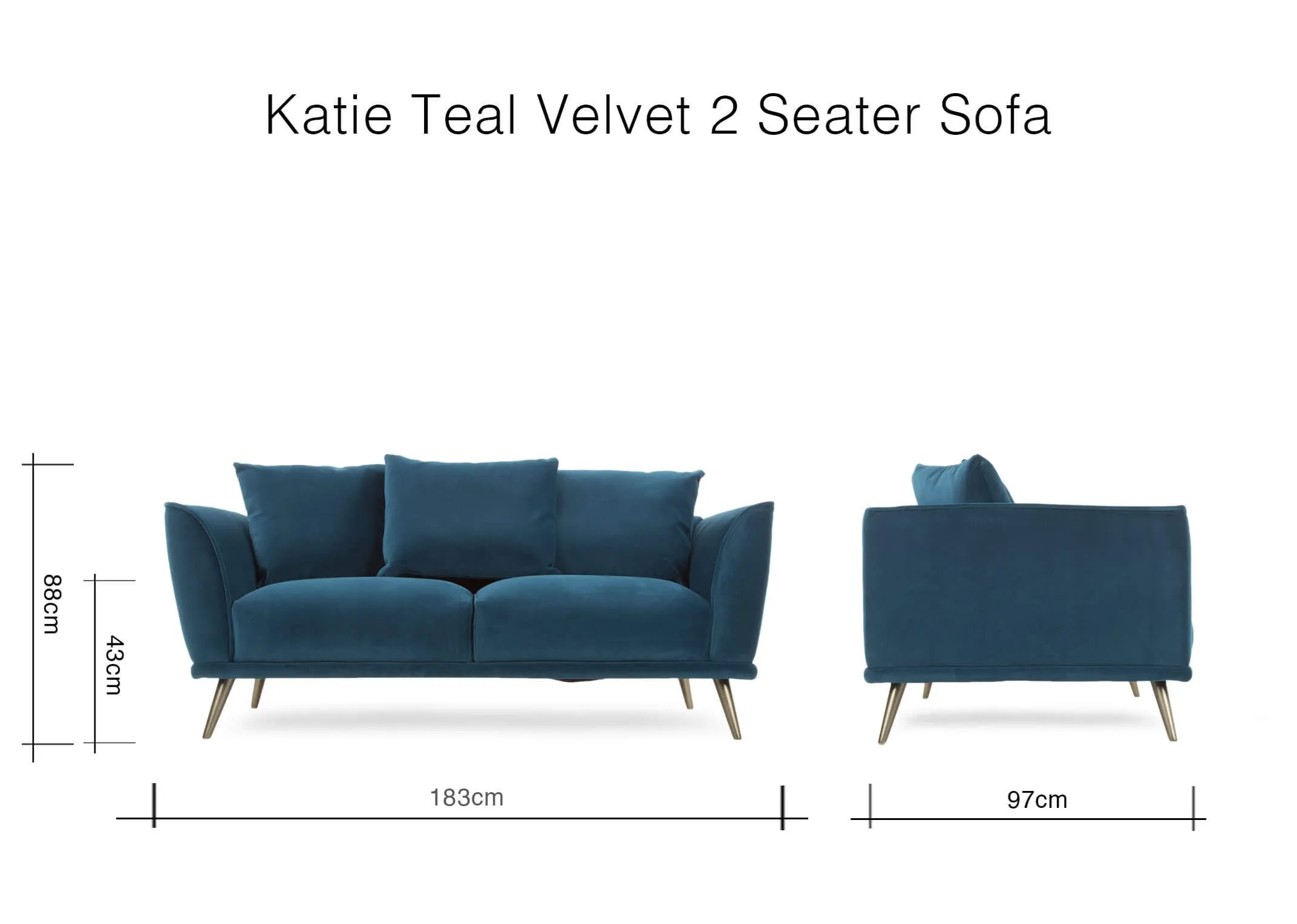 A dimension image of the Katie 2 Seater Sofa with 183cm (Width) x 88cm (Height) x 97cm (Depth)