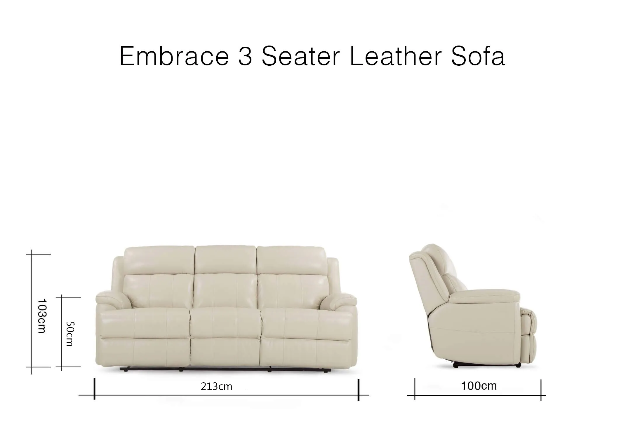 A dimension image of the Embrace 3 seater sofa with 213cm (width) x 103cm (height) x 100cm (depth)
