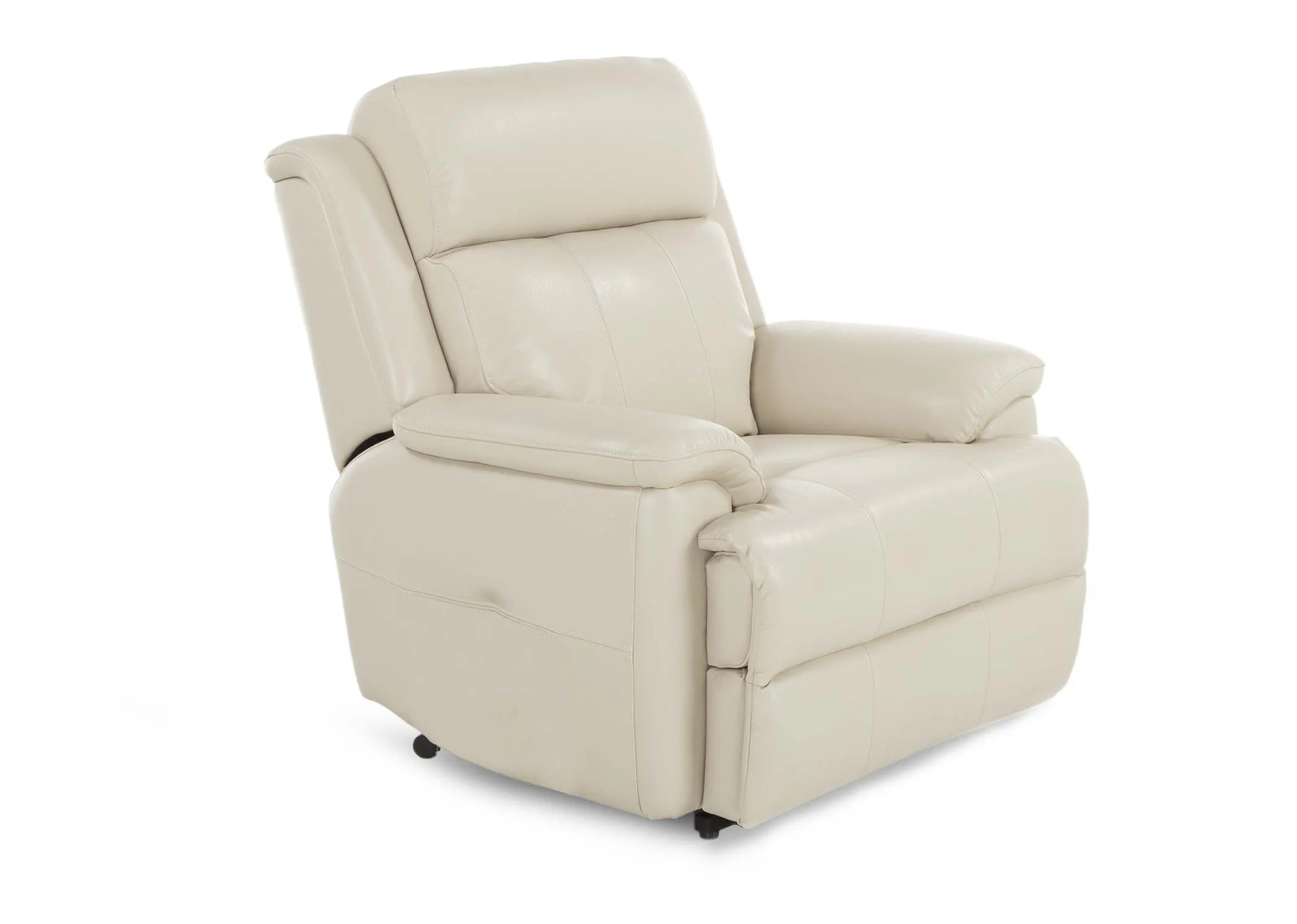 An off white leather armchair from EZ Living Furniture's Embrace range. Angled view of soft leather & high cushions.
