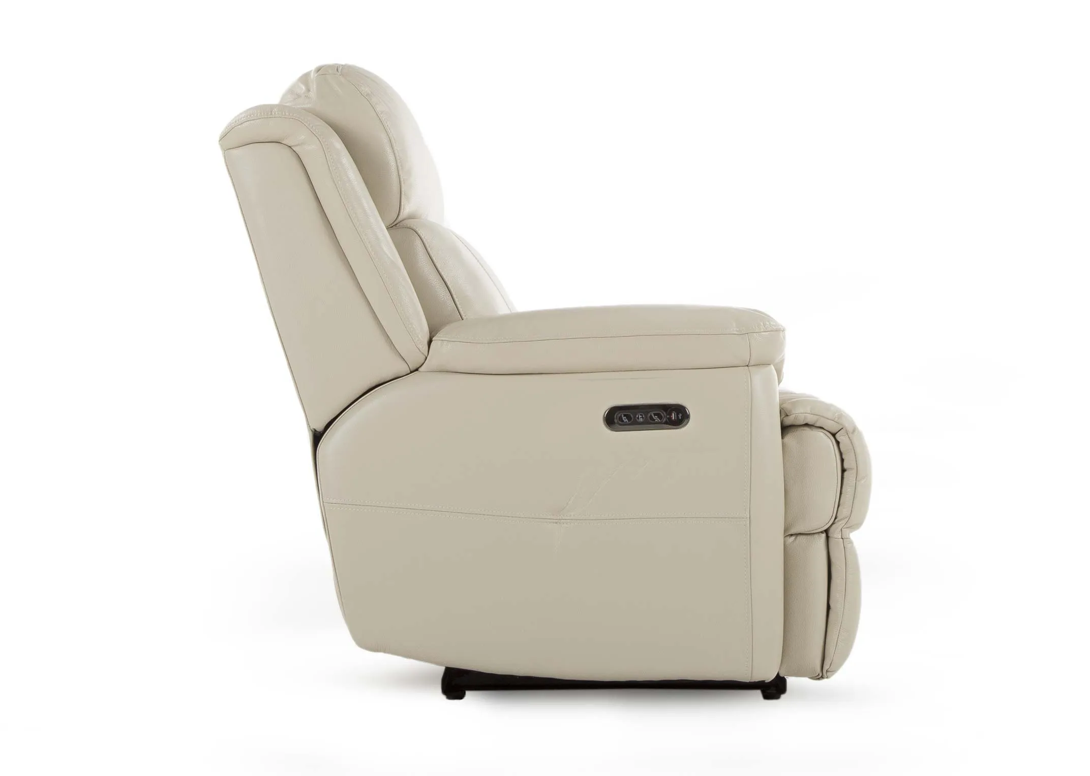 A 2 seater off white leather power reclining sofa from EZ Living Furniture's Embrace range. Angle view of reclined sofa