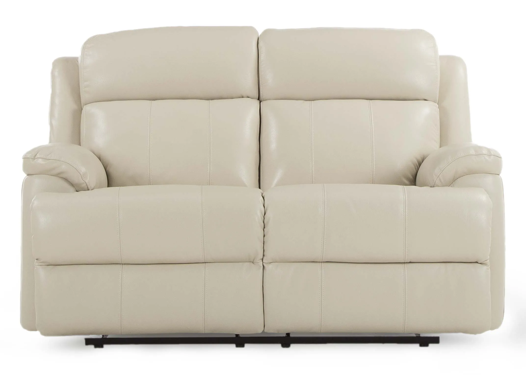 A 2 seater off white leather power reclining sofa from EZ Living Furniture's Embrace range. Side view of power function unrec