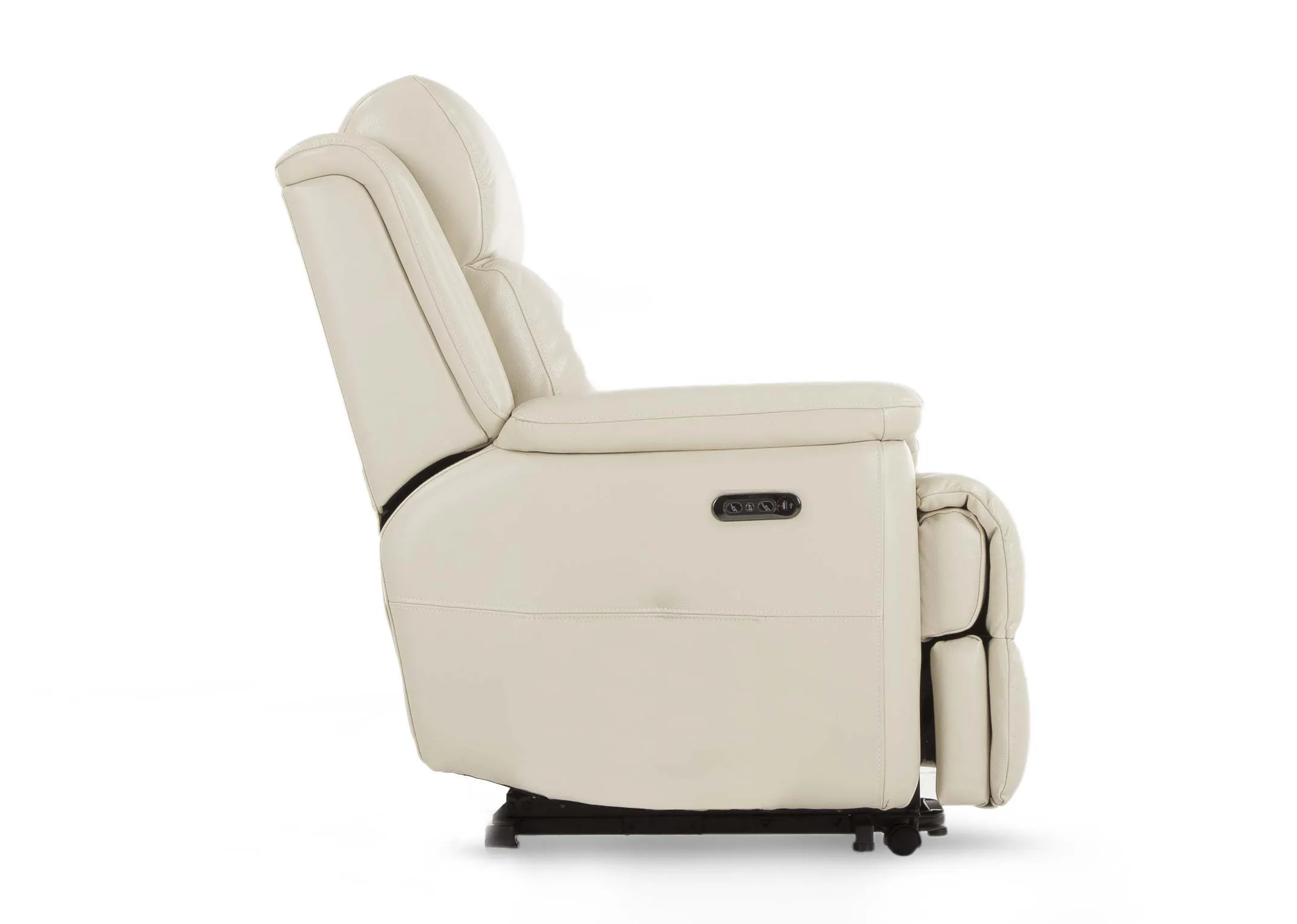 An off white leather power recliner from EZ Living Furniture's Embrace range. Side view of power buttons