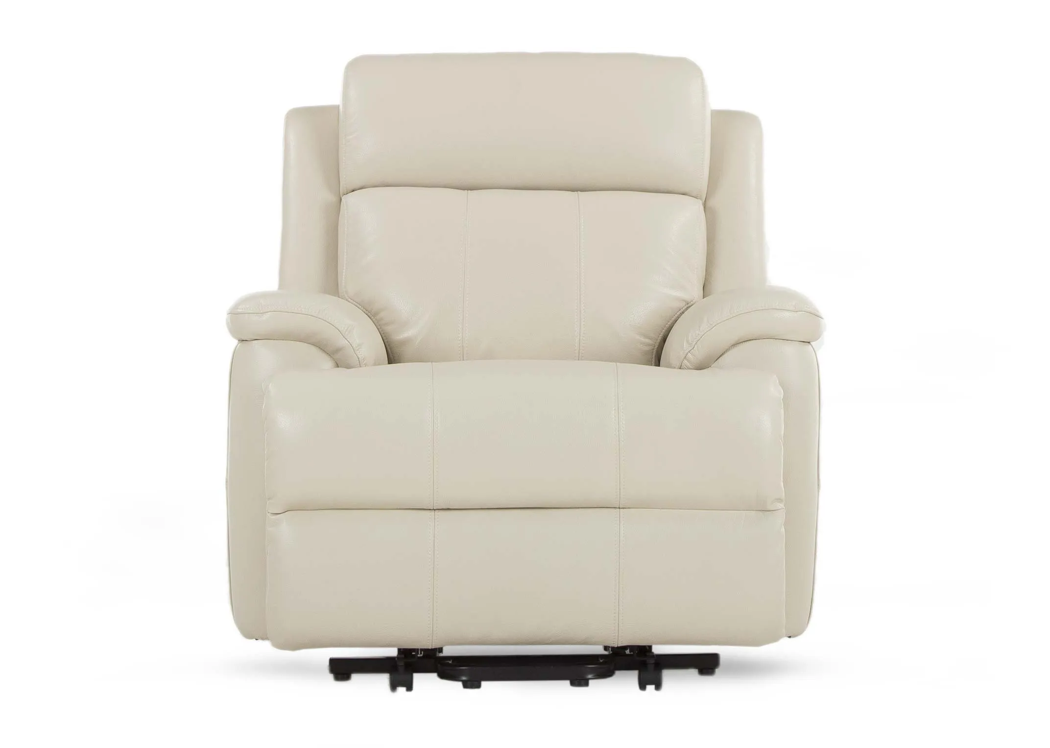 An off white leather power recliner from EZ Living Furniture's Embrace range. Front view unreclined